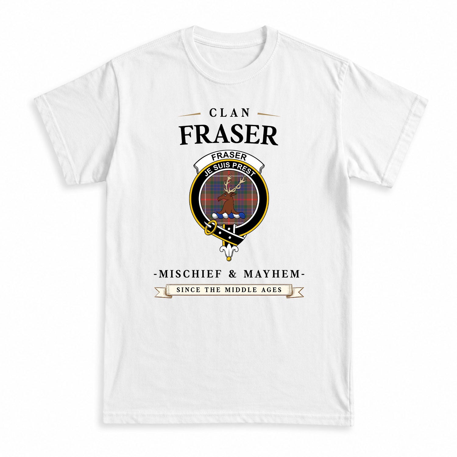 Fraser (of Lovat) Hunting Modern Tartan Crest Mischief and Mayhem T-shirt