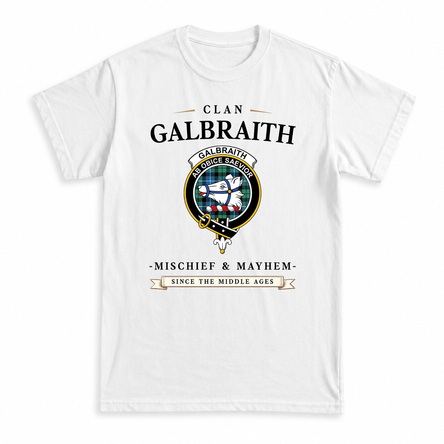 Galbraith Ancient Tartan Crest Mischief and Mayhem T-shirt