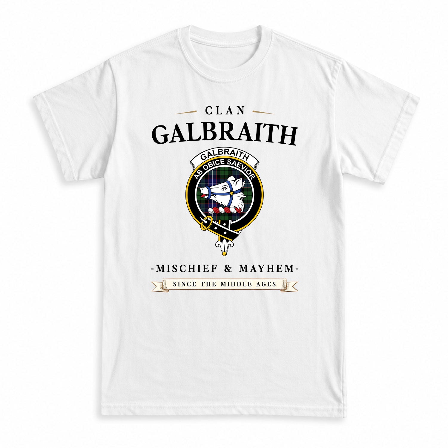 Galbraith Modern Tartan Crest Mischief and Mayhem T-shirt