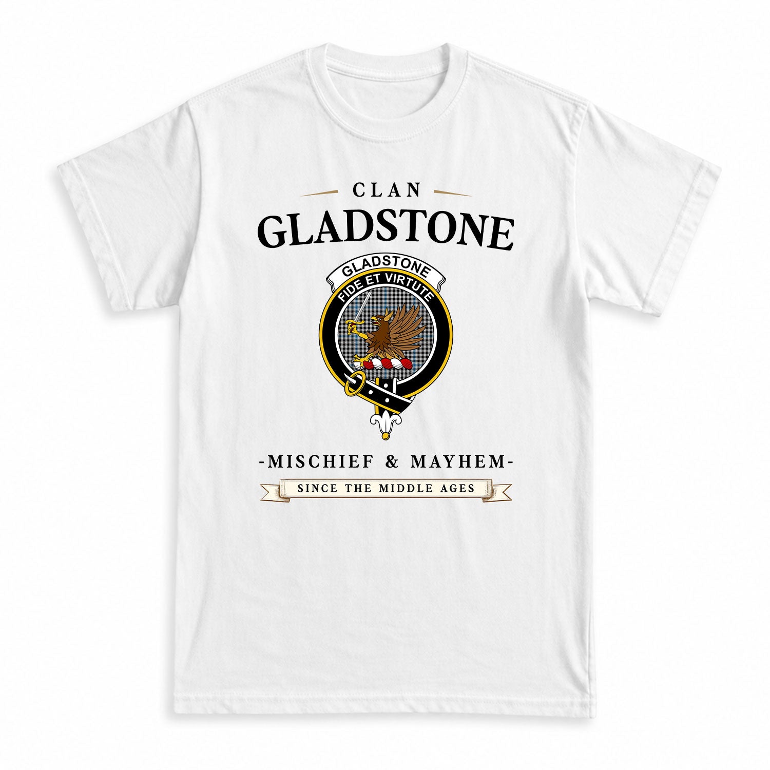 Gladstone Tartan Crest Mischief and Mayhem T-shirt