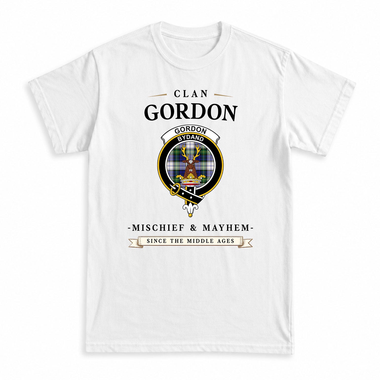 Gordon Dress Modern Tartan Crest Mischief and Mayhem T-shirt