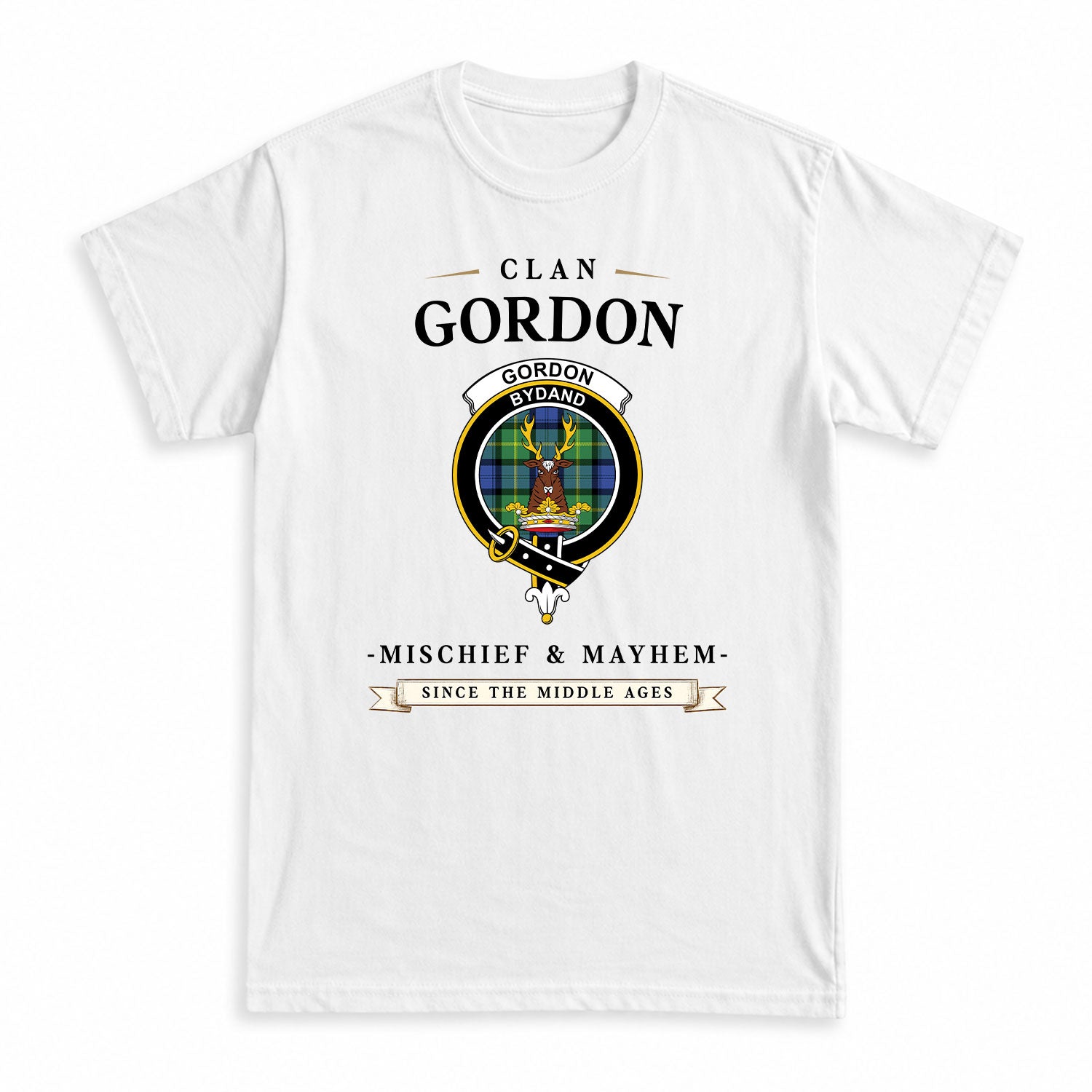 Gordon Old Ancient Tartan Crest Mischief and Mayhem T-shirt