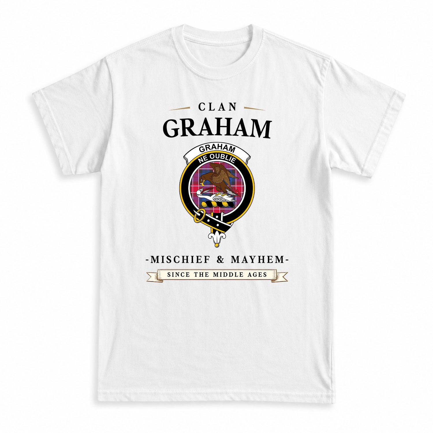 Graham of Menteith Red Tartan Crest Mischief and Mayhem T-shirt