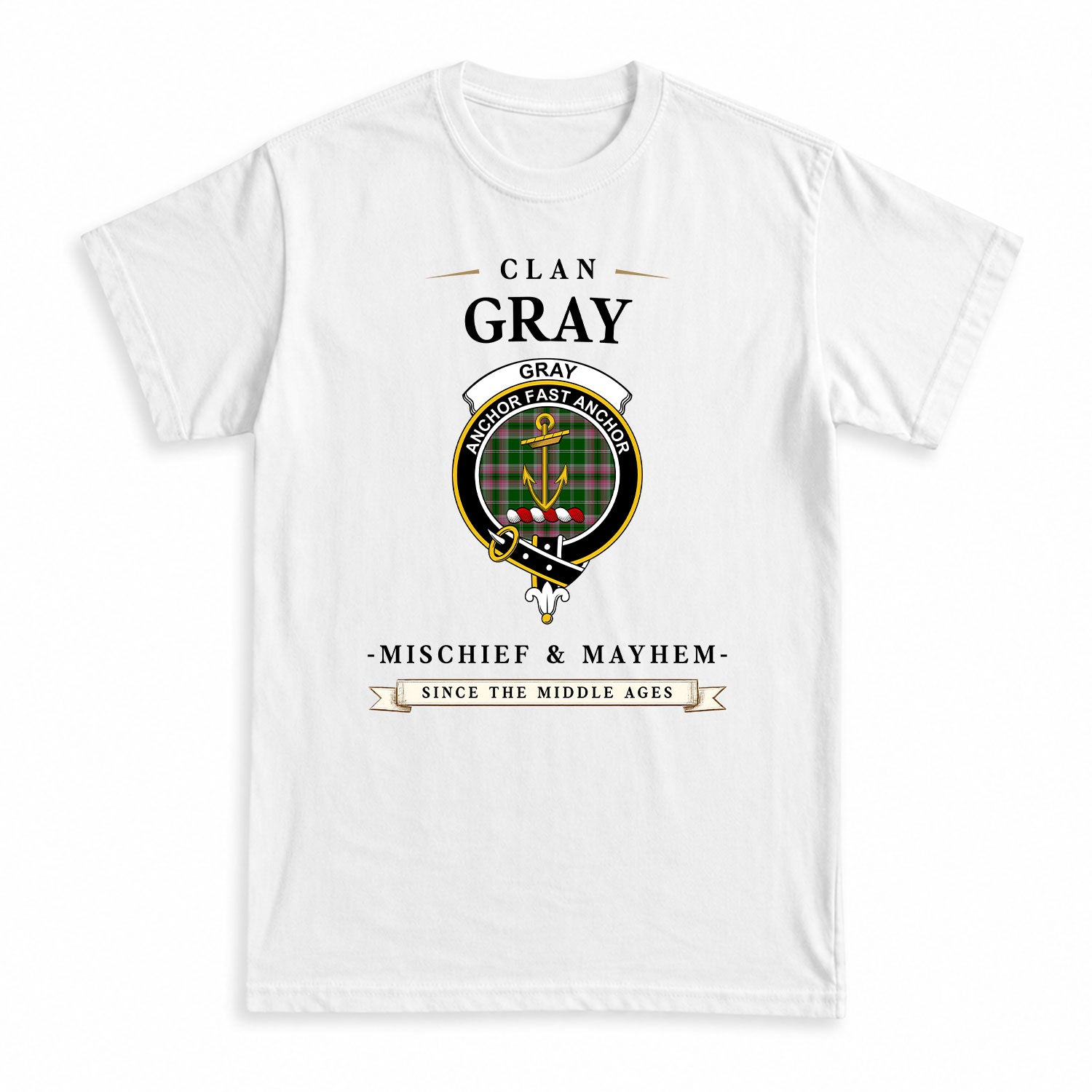 Gray Hunting Tartan Crest Mischief and Mayhem T-shirt
