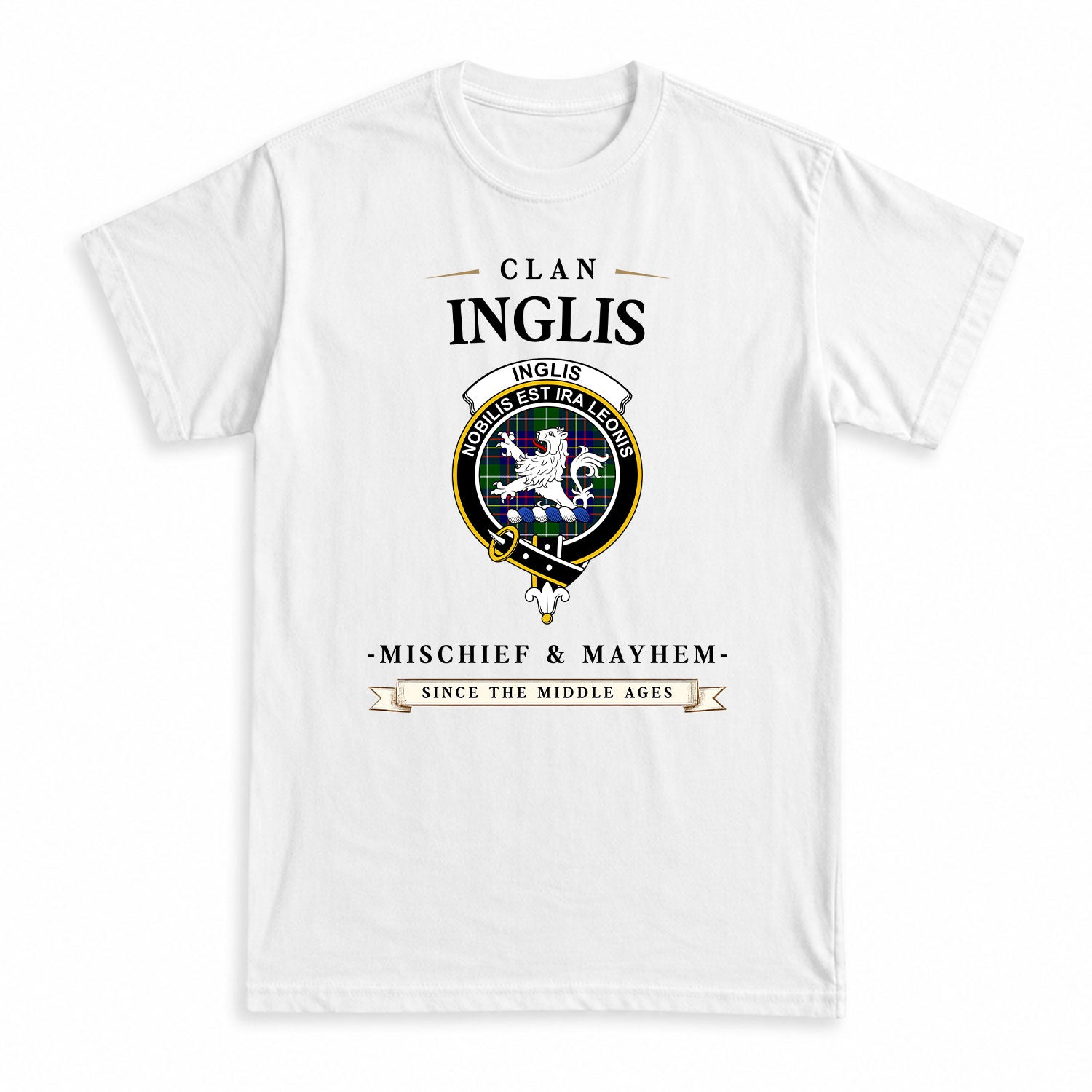 Inglis Modern Tartan Crest Mischief and Mayhem T-shirt