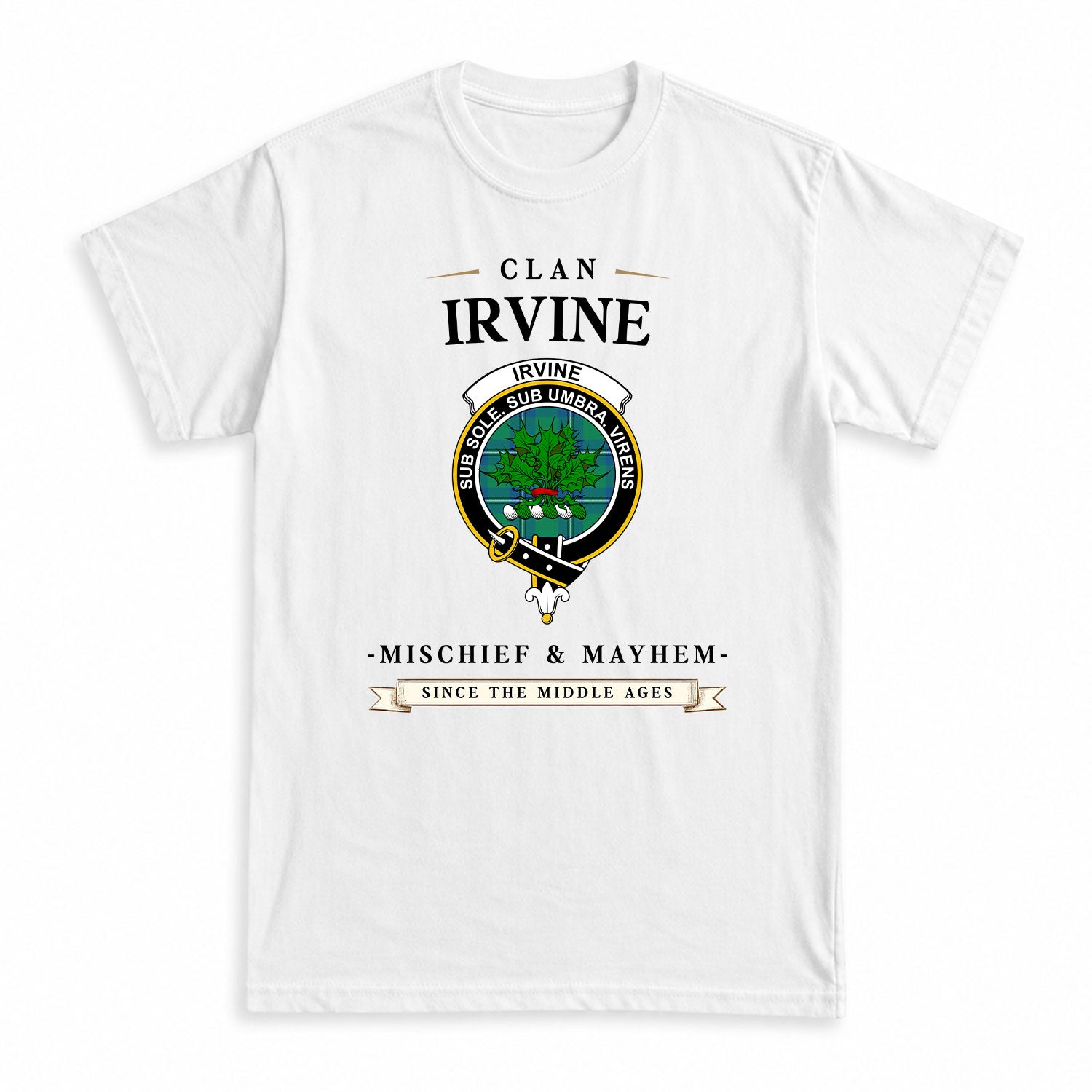 Irvine Ancient Tartan Crest Mischief and Mayhem T-shirt