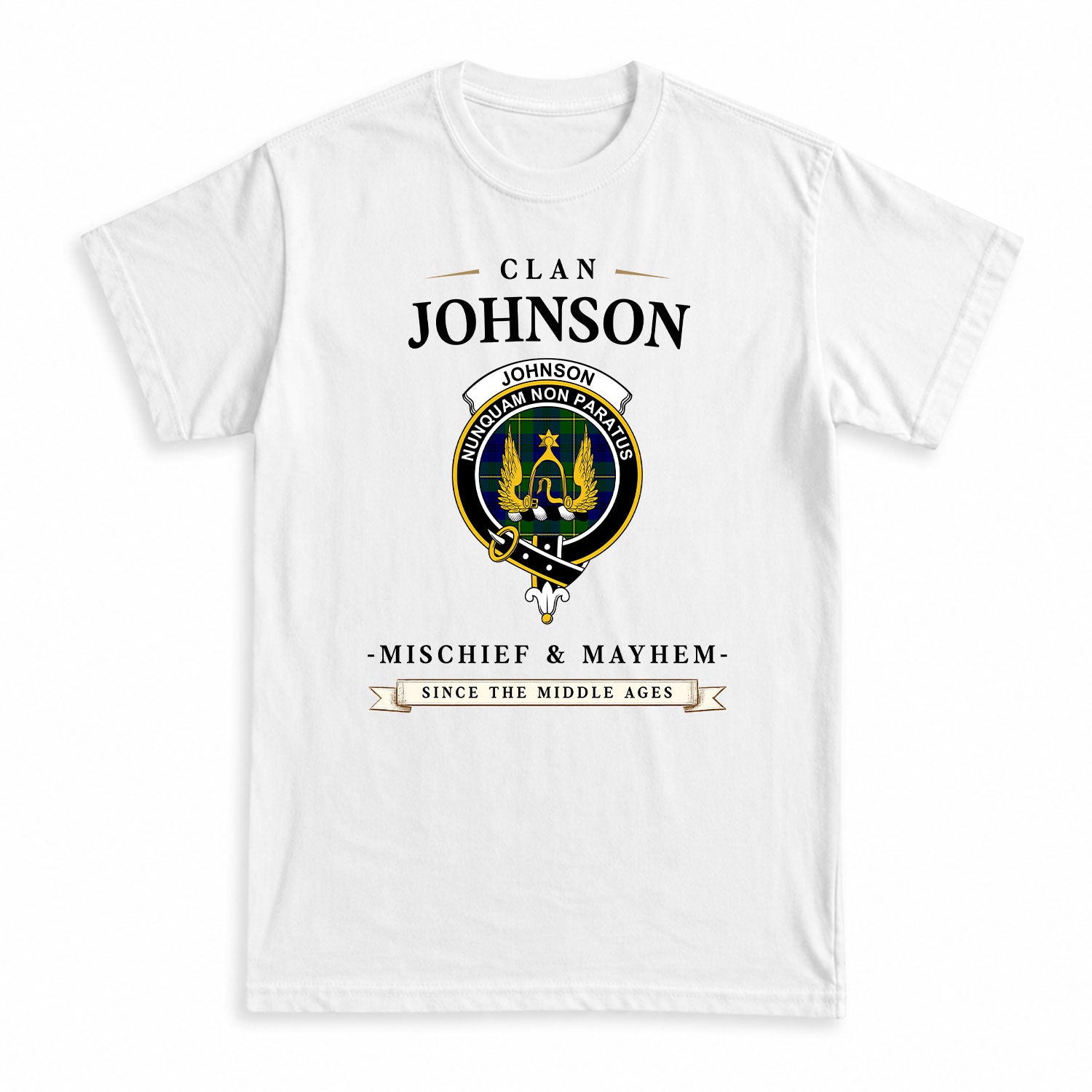 Johnson Modern Tartan Crest Mischief and Mayhem T-shirt