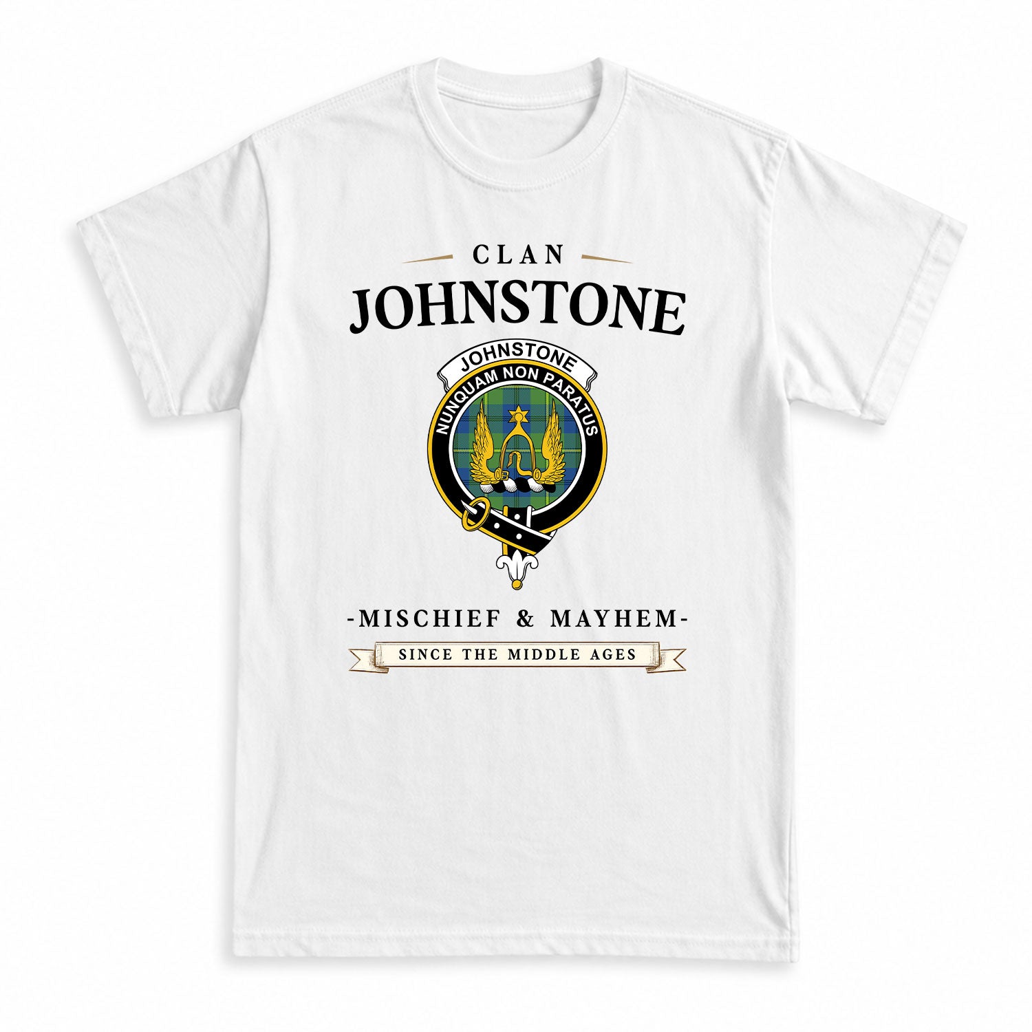 Johnstone Ancient Tartan Crest Mischief and Mayhem T-shirt