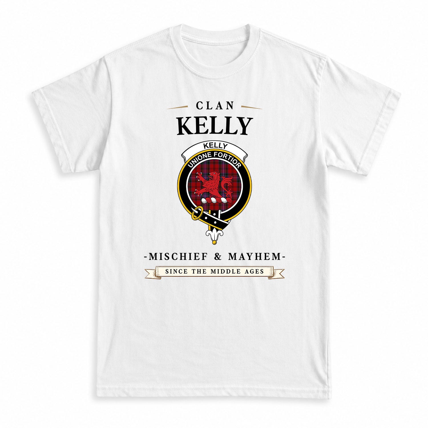 Kelly of Sleat Red Tartan Crest Mischief and Mayhem T-shirt