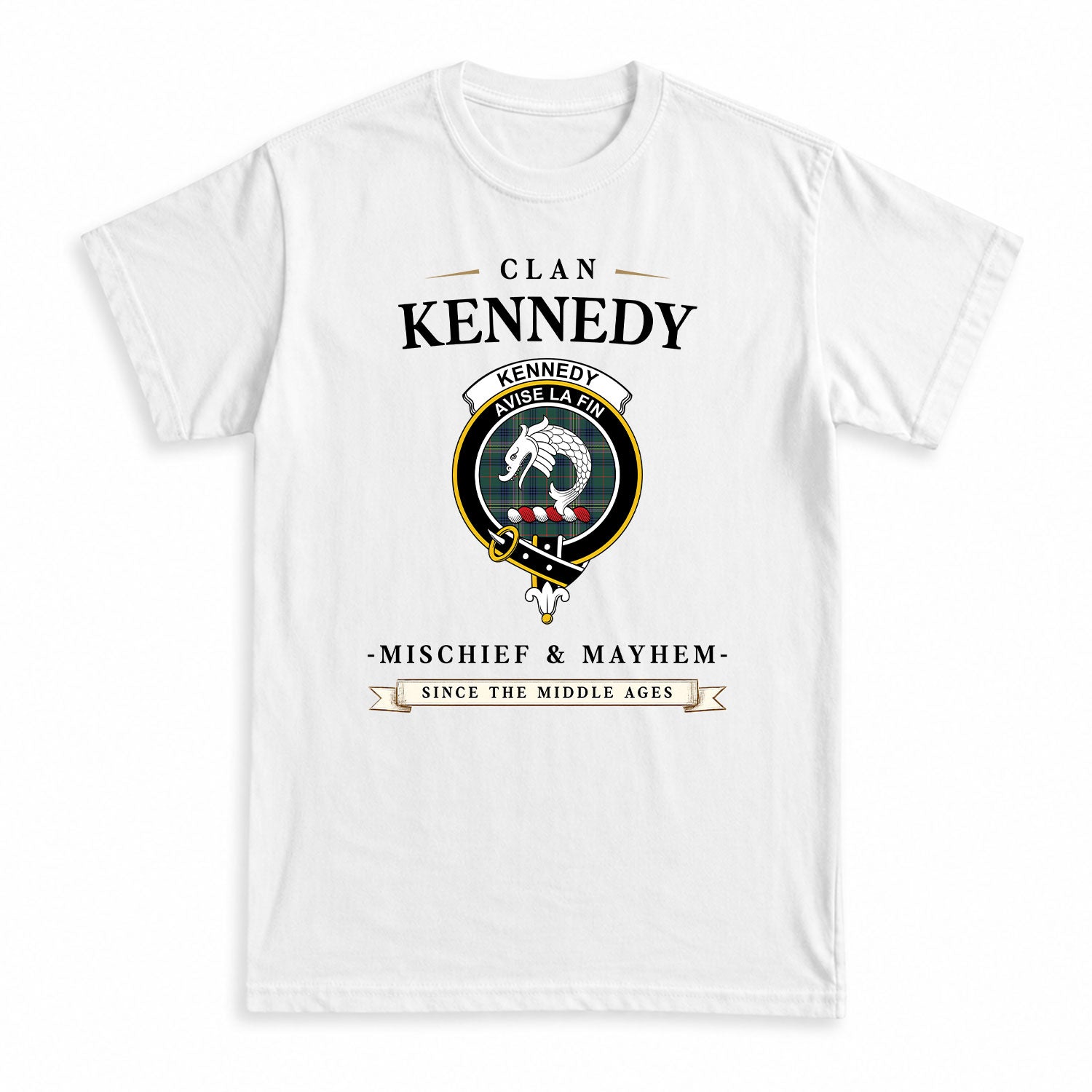 Kennedy Modern Tartan Crest Mischief and Mayhem T-shirt