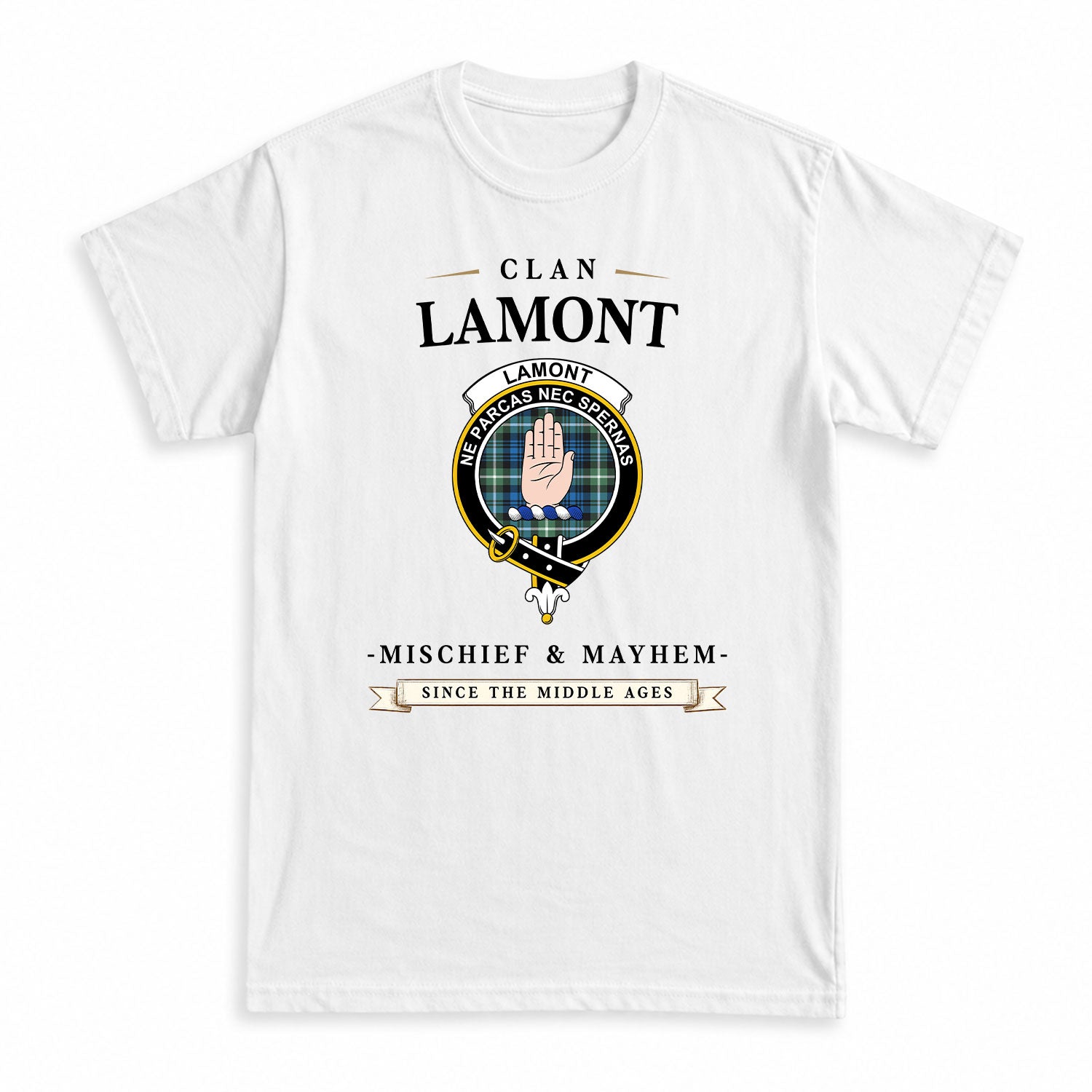 Lamont Ancient Tartan Crest Mischief and Mayhem T-shirt