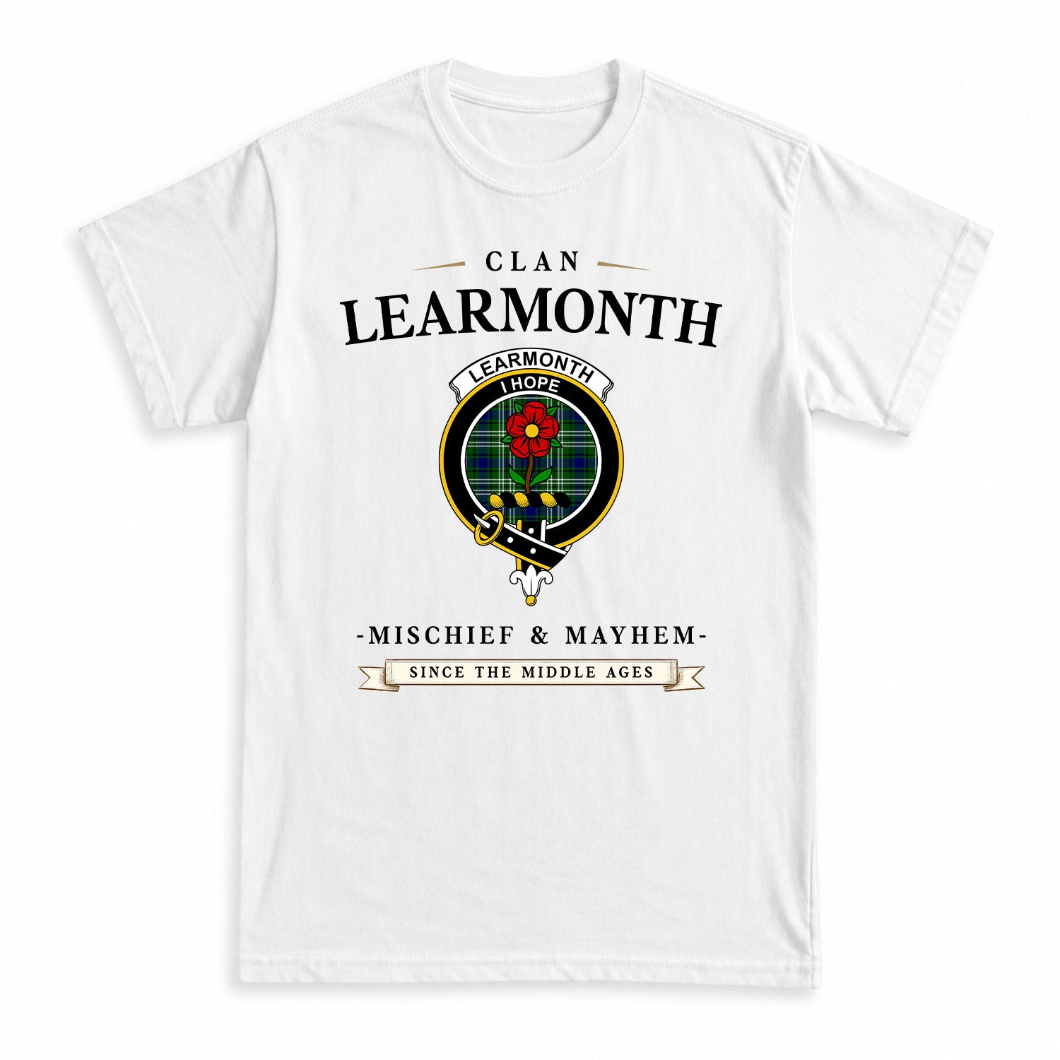 Learmonth Tartan Crest Mischief and Mayhem T-shirt