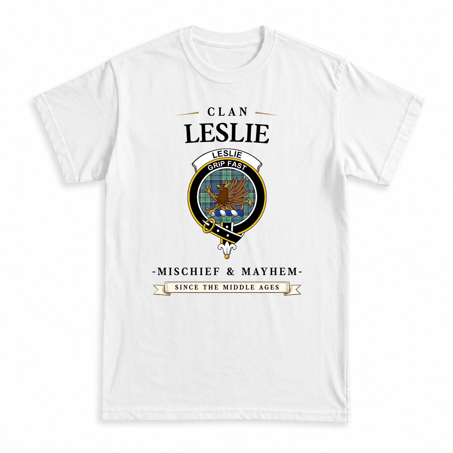 Leslie Hunting Ancient Tartan Crest Mischief and Mayhem T-shirt