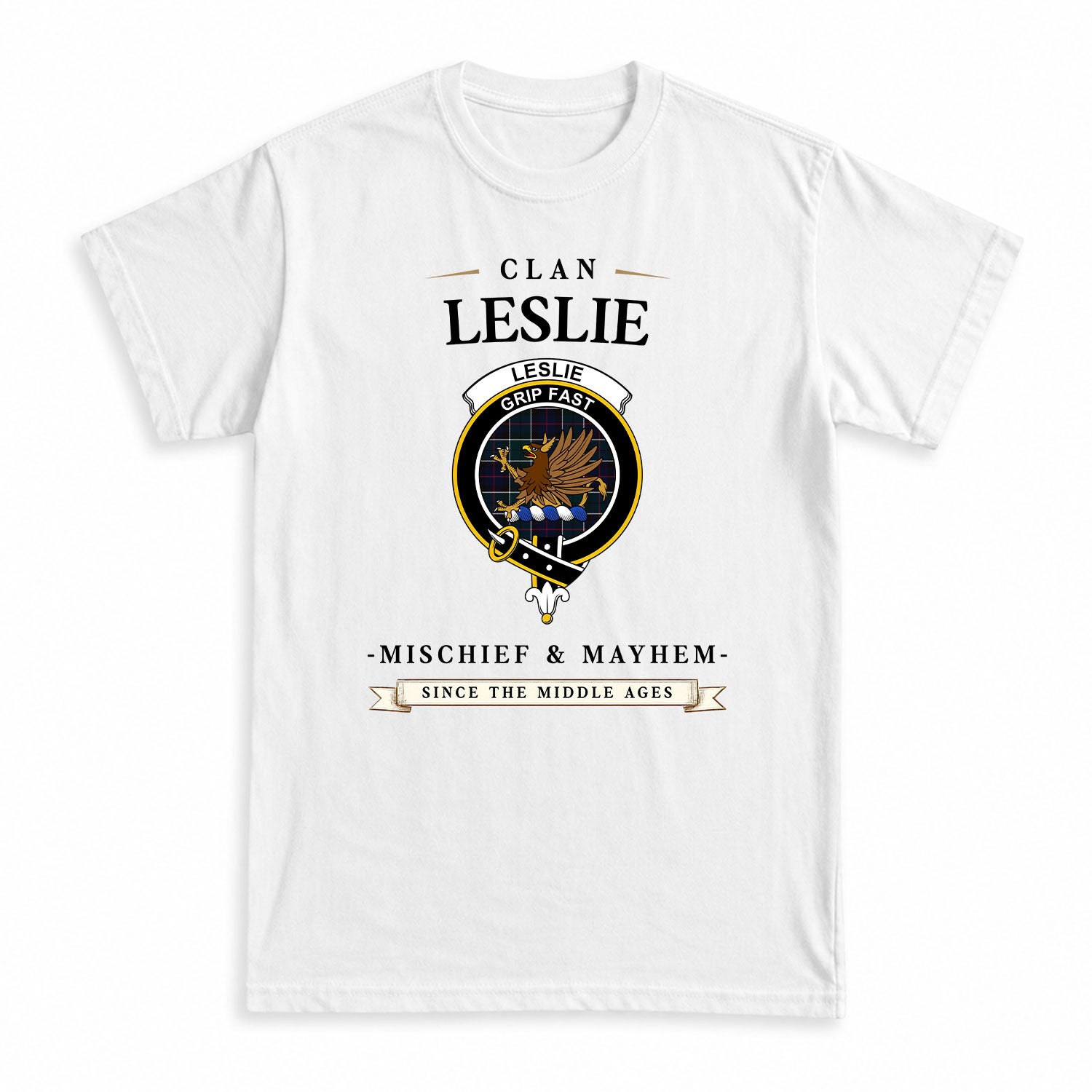 Leslie Hunting Modern Tartan Crest Mischief and Mayhem T-shirt