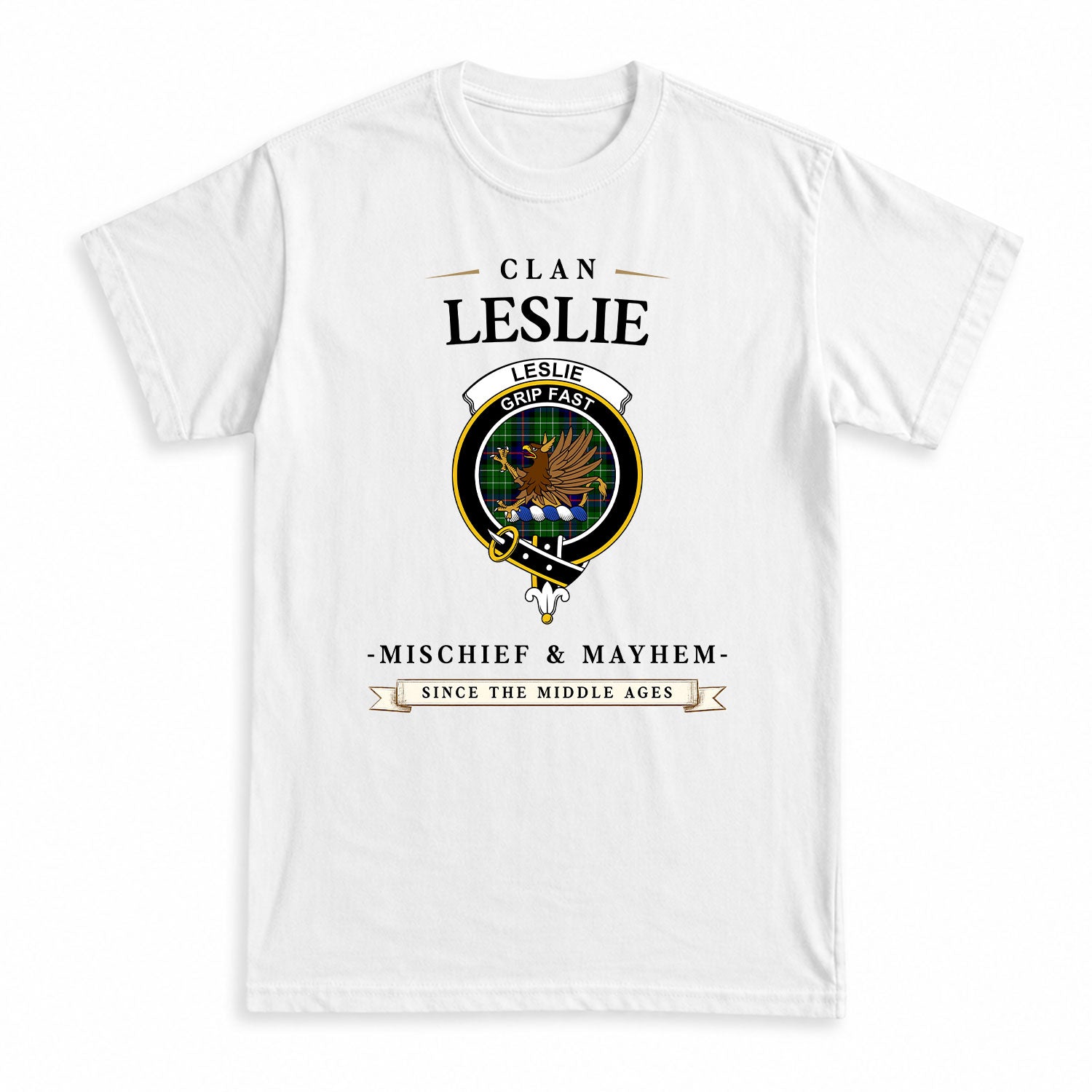 Leslie Hunting Tartan Crest Mischief and Mayhem T-shirt