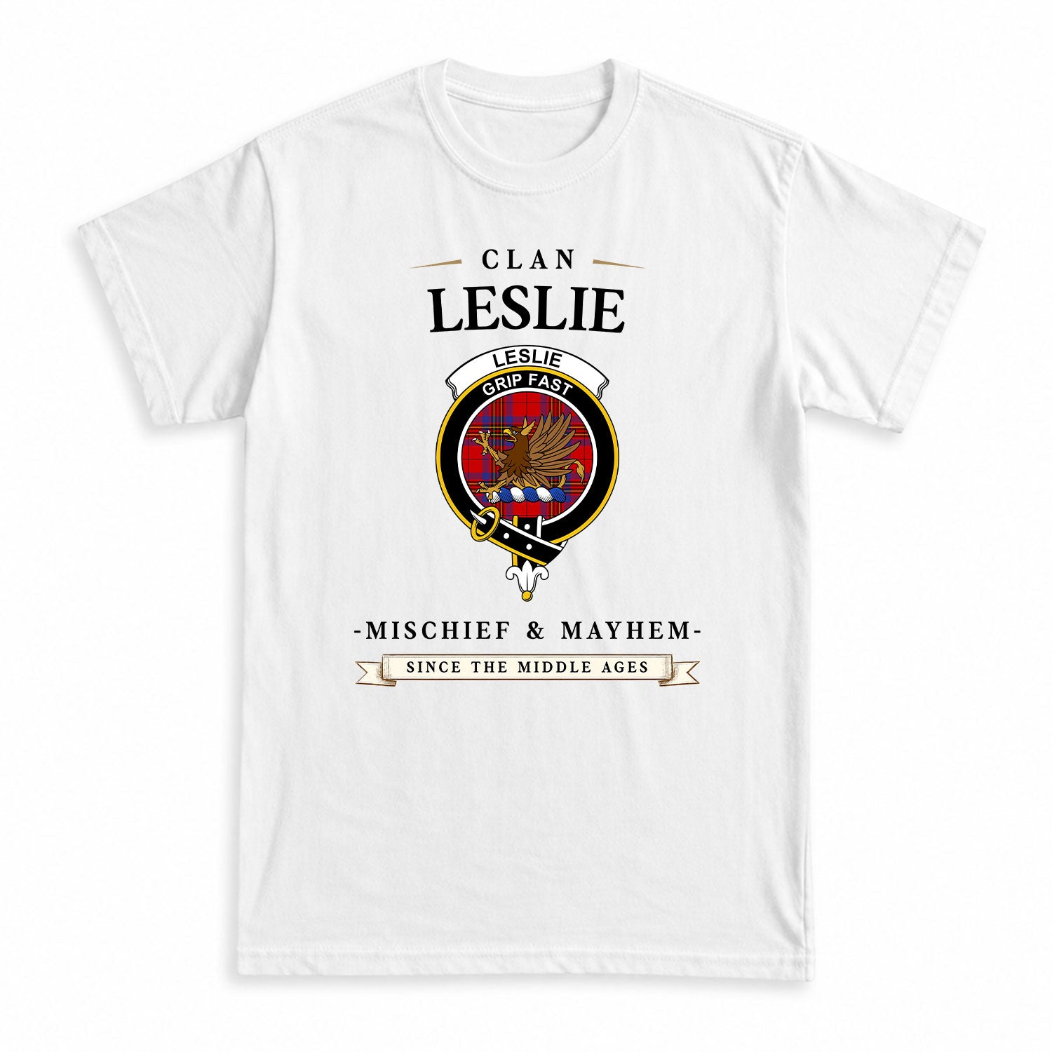Leslie Modern Tartan Crest Mischief and Mayhem T-shirt
