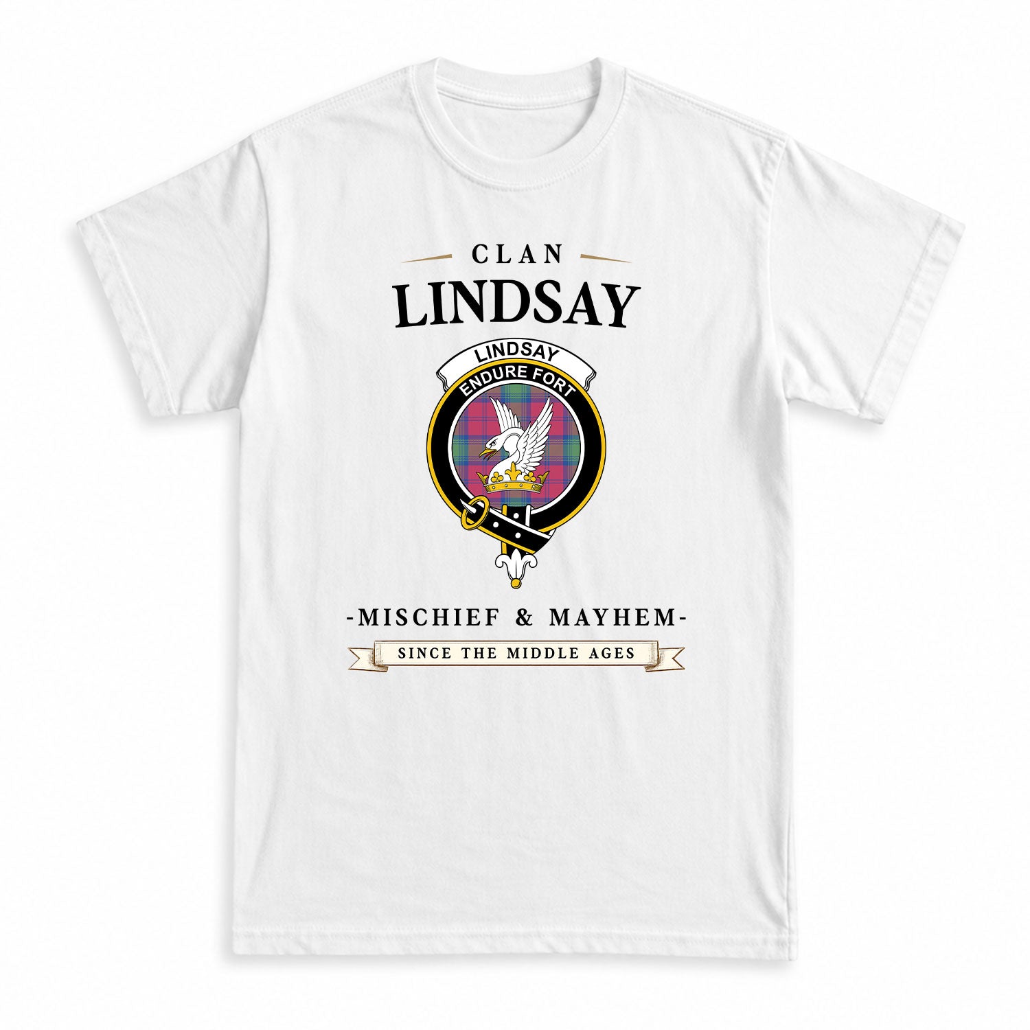 Lindsay Ancient Tartan Crest Mischief and Mayhem T-shirt