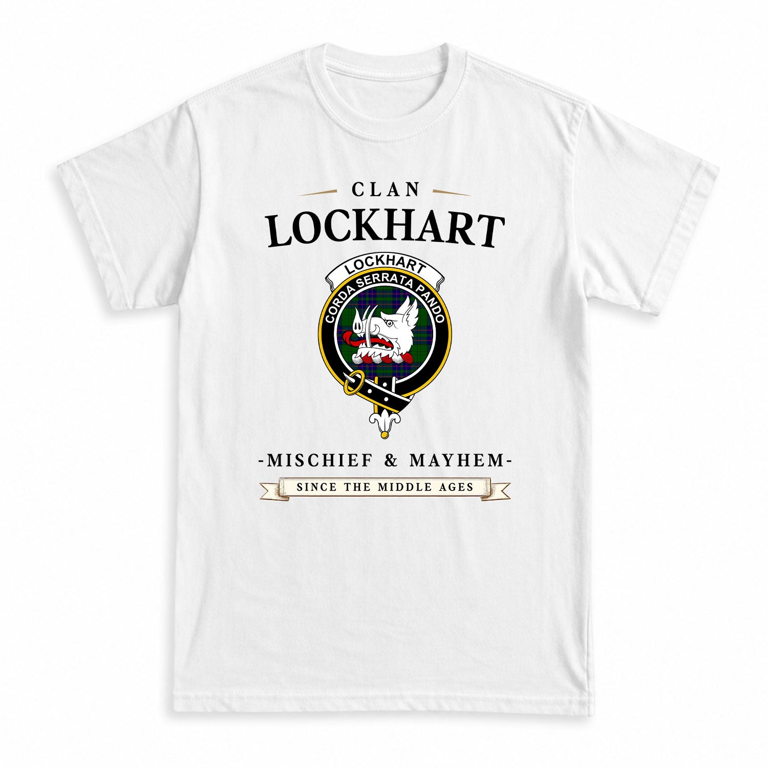 Lockhart Modern Tartan Crest Mischief and Mayhem T-shirt