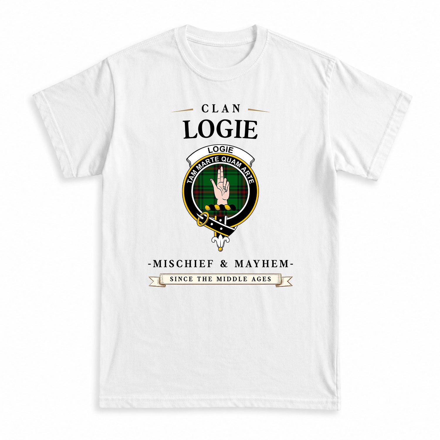 Logie Tartan Crest Mischief and Mayhem T-shirt