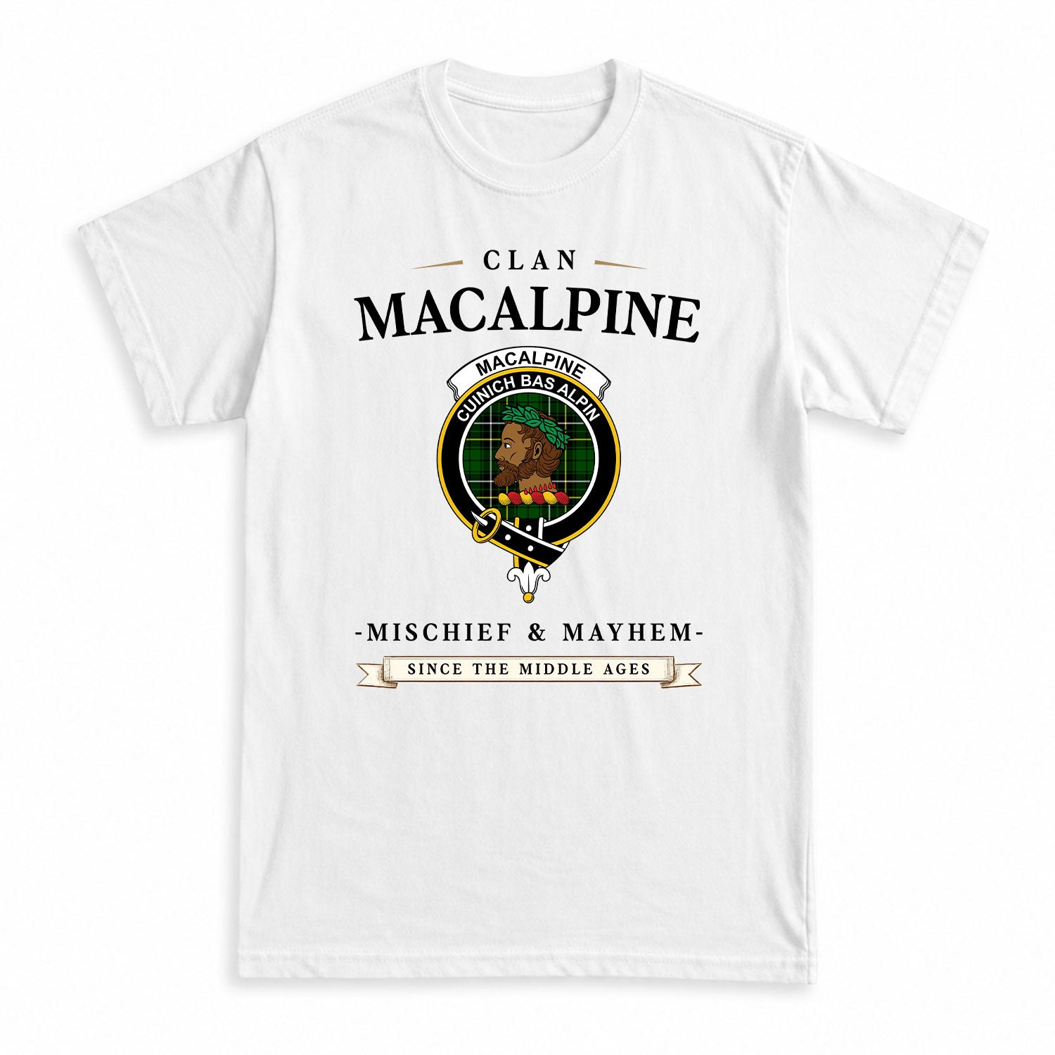 MacAlpine Modern Tartan Crest Mischief and Mayhem T-shirt