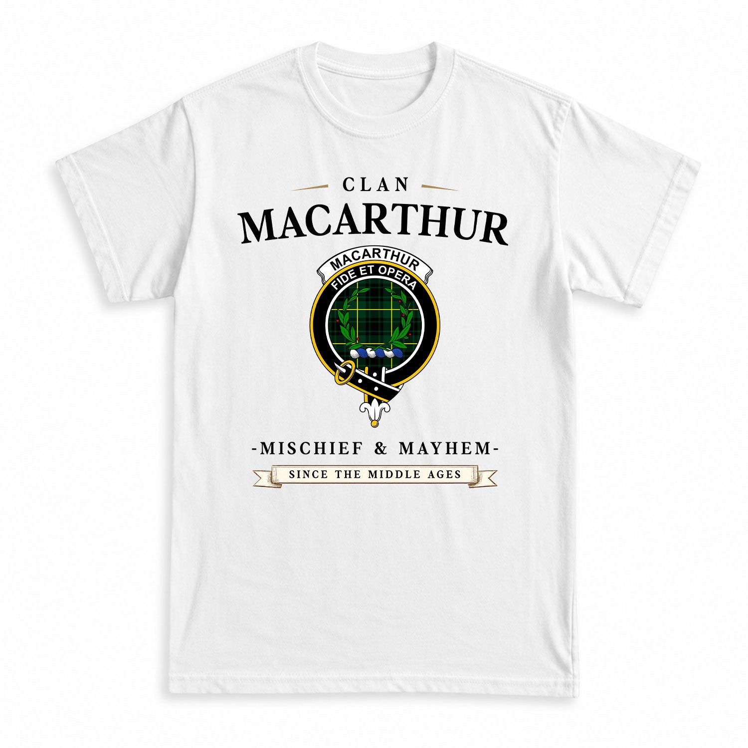 MacArthur Modern Tartan Crest Mischief and Mayhem T-shirt