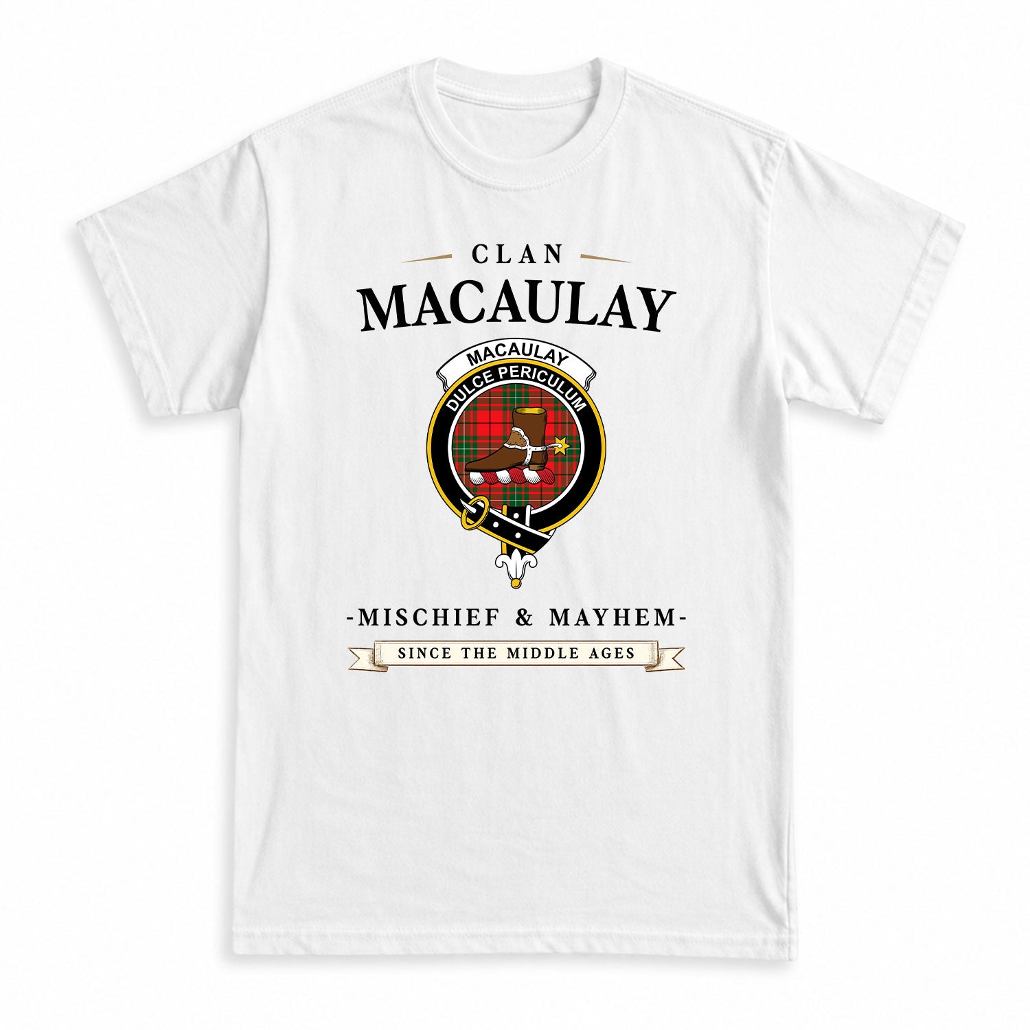 MacAulay Modern Tartan Crest Mischief and Mayhem T-shirt