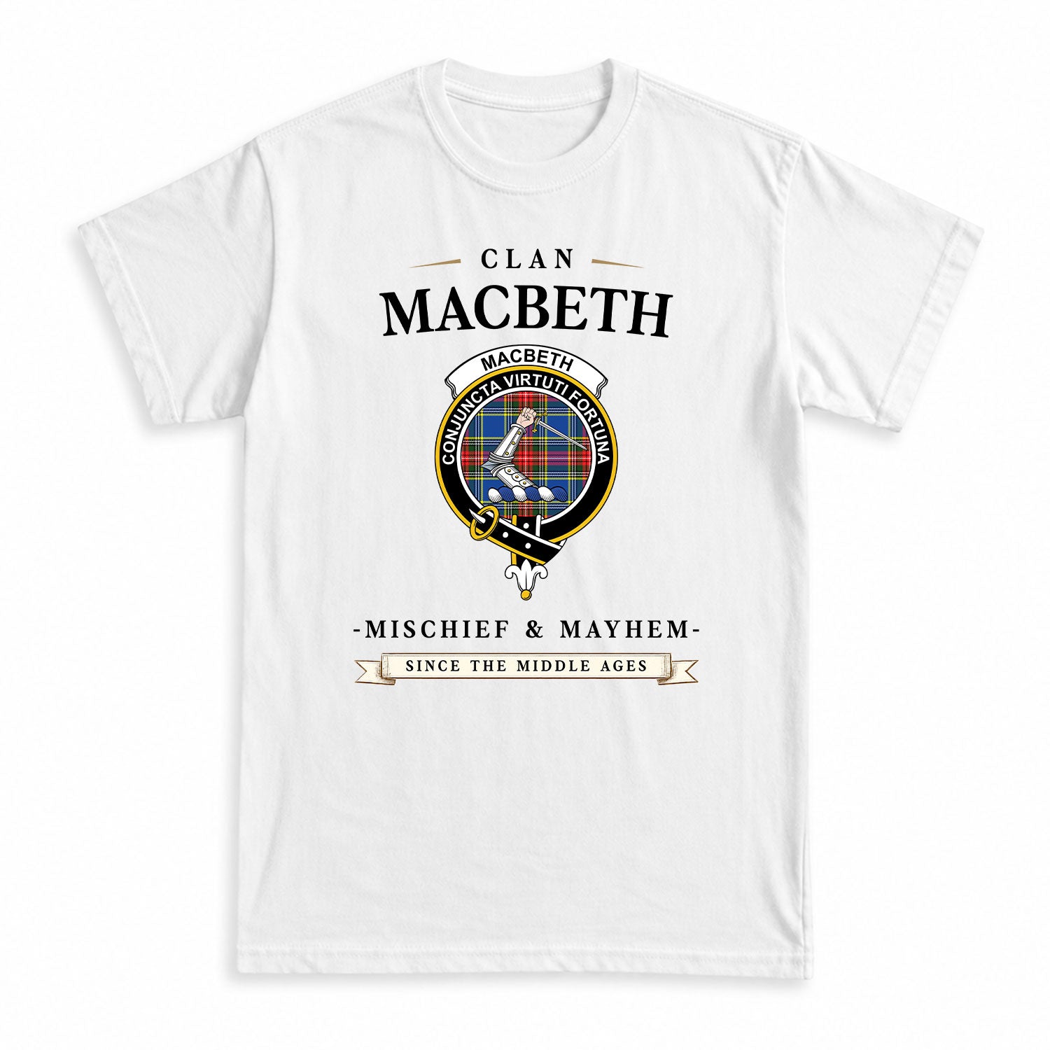 MacBeth Modern Tartan Crest Mischief and Mayhem T-shirt