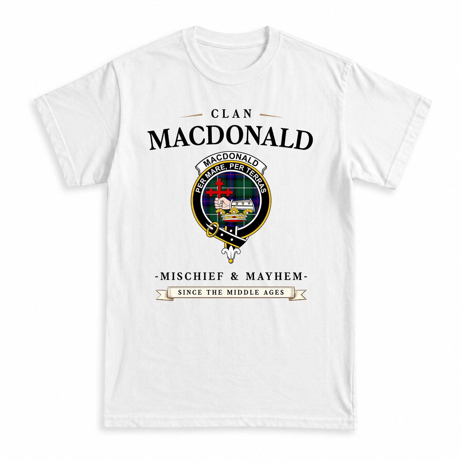 MacDonald of the Isles Hunting Modern Tartan Crest Mischief and Mayhem T-shirt