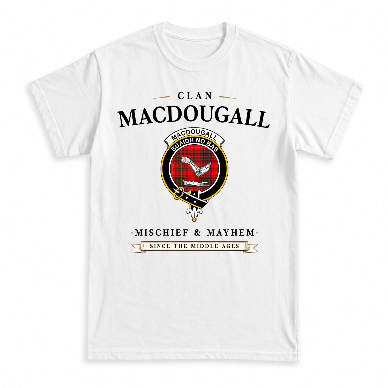 MacDougall Modern Tartan Crest Mischief and Mayhem T-shirt