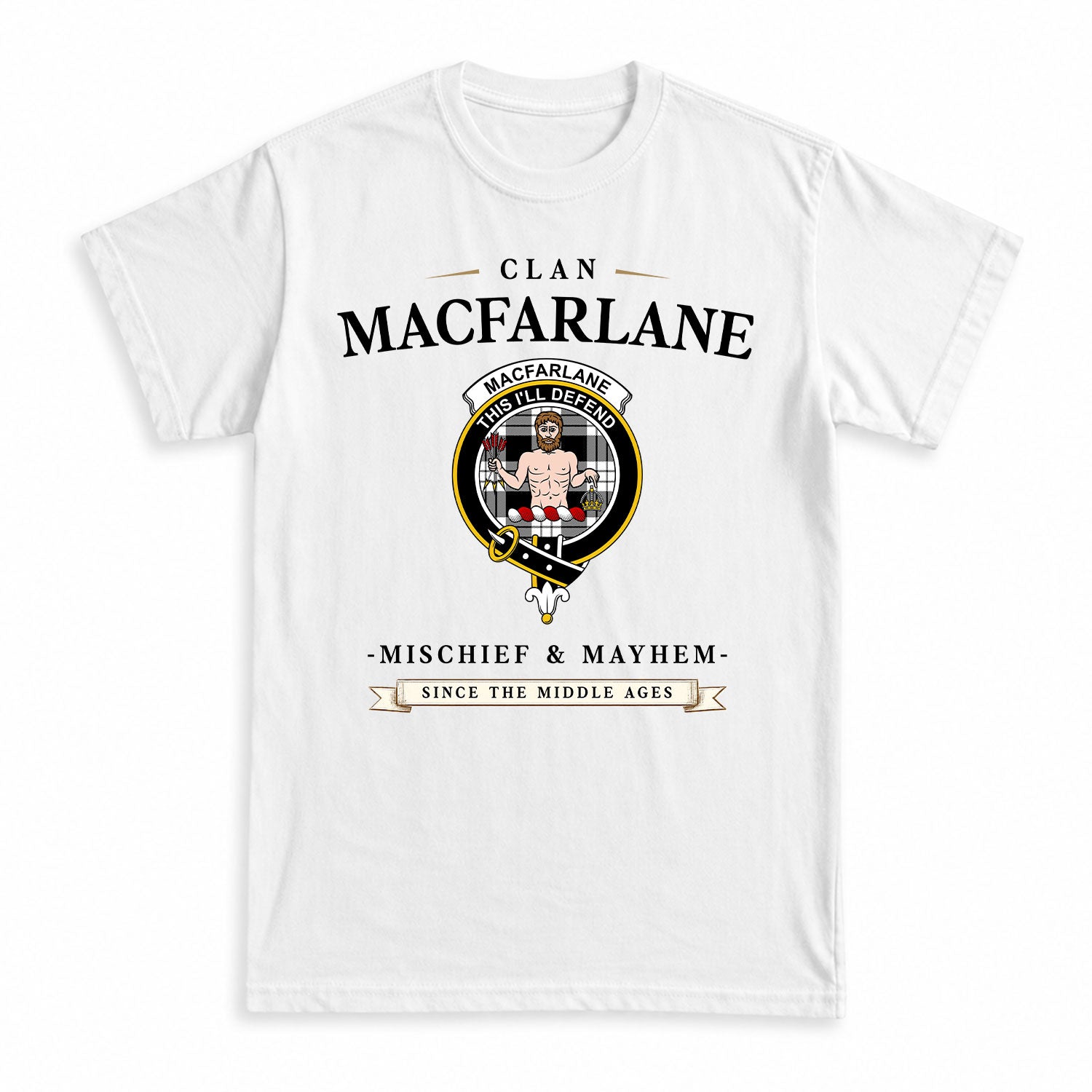MacFarlane Black - White Tartan Crest Mischief and Mayhem T-shirt