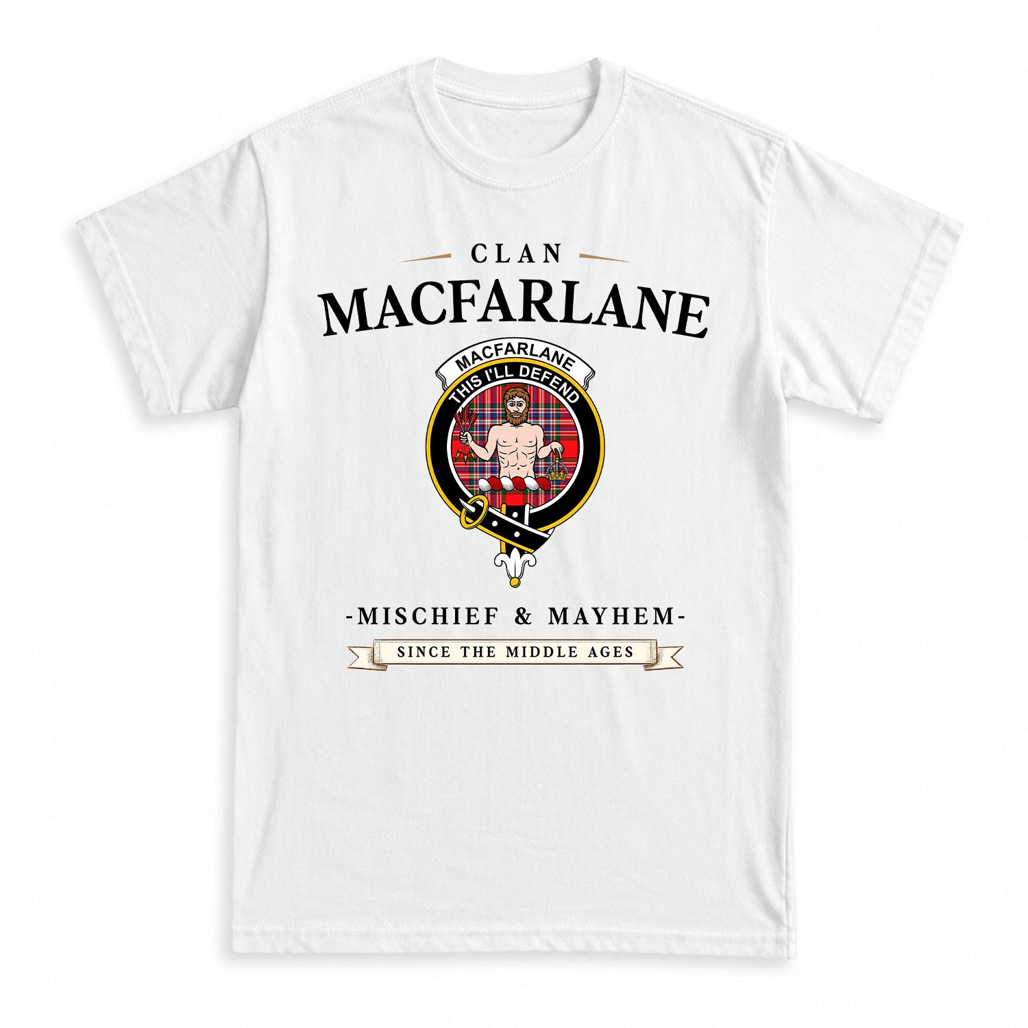 MacFarlane Modern Tartan Crest Mischief and Mayhem T-shirt