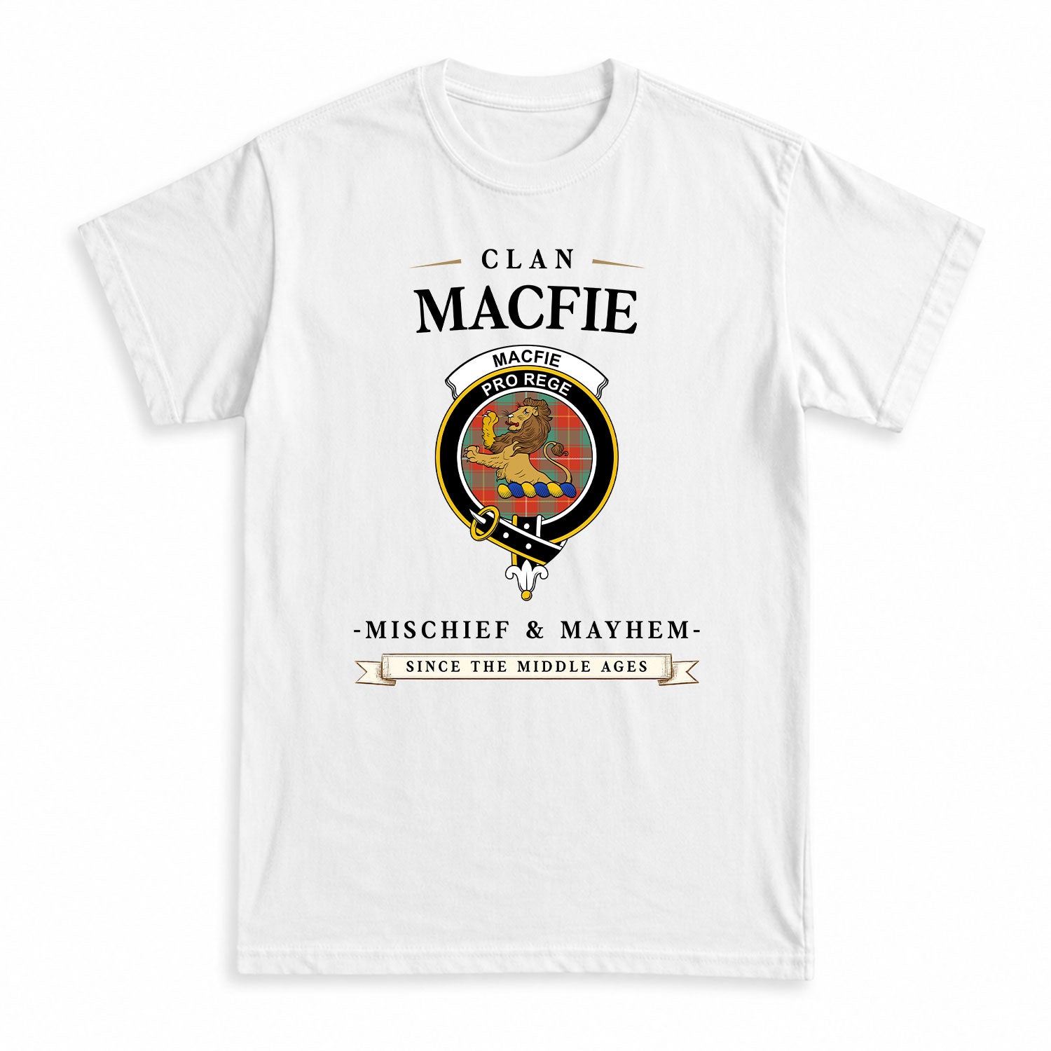 MacFie Ancient Tartan Crest Mischief and Mayhem T-shirt