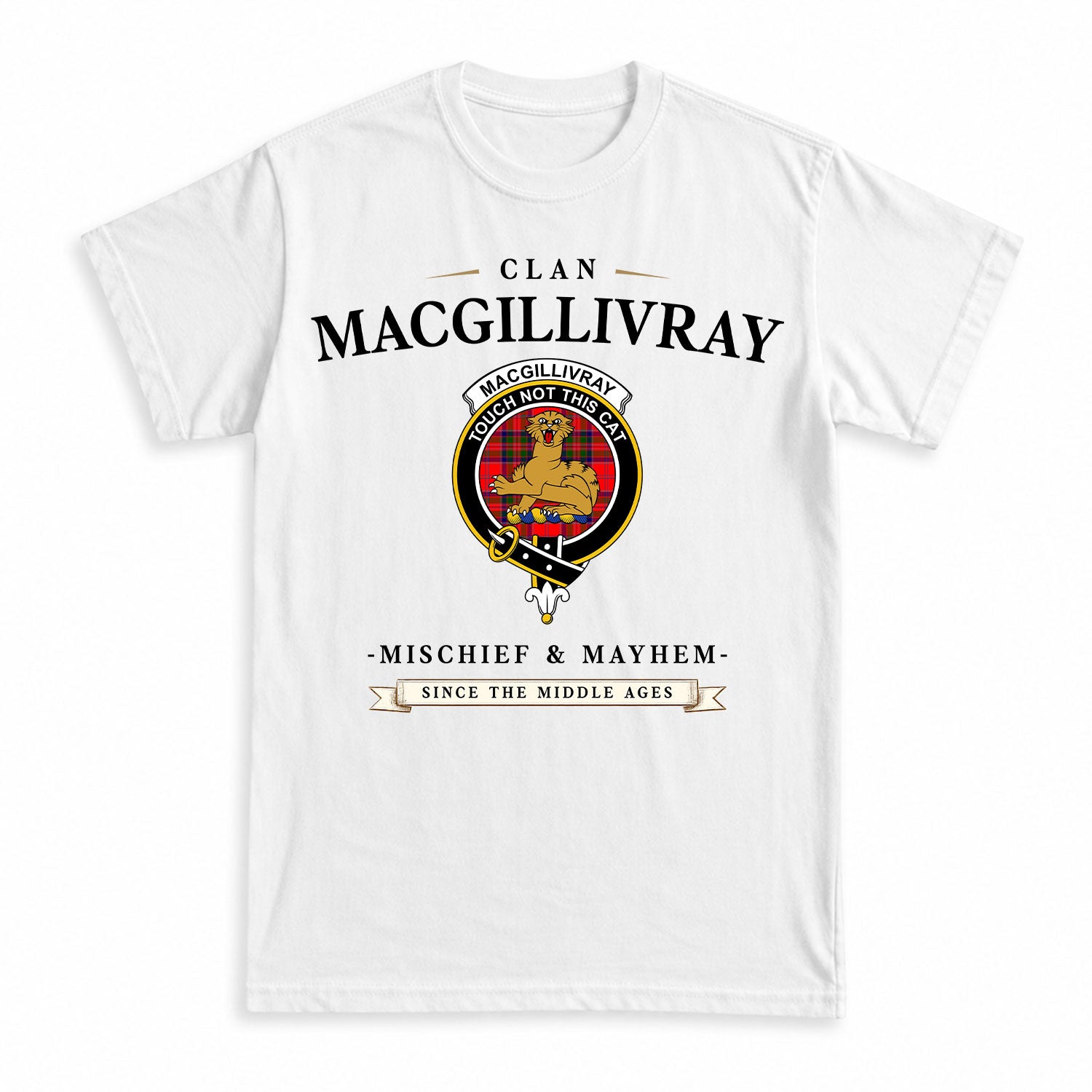 MacGillivray Modern Tartan Crest Mischief and Mayhem T-shirt