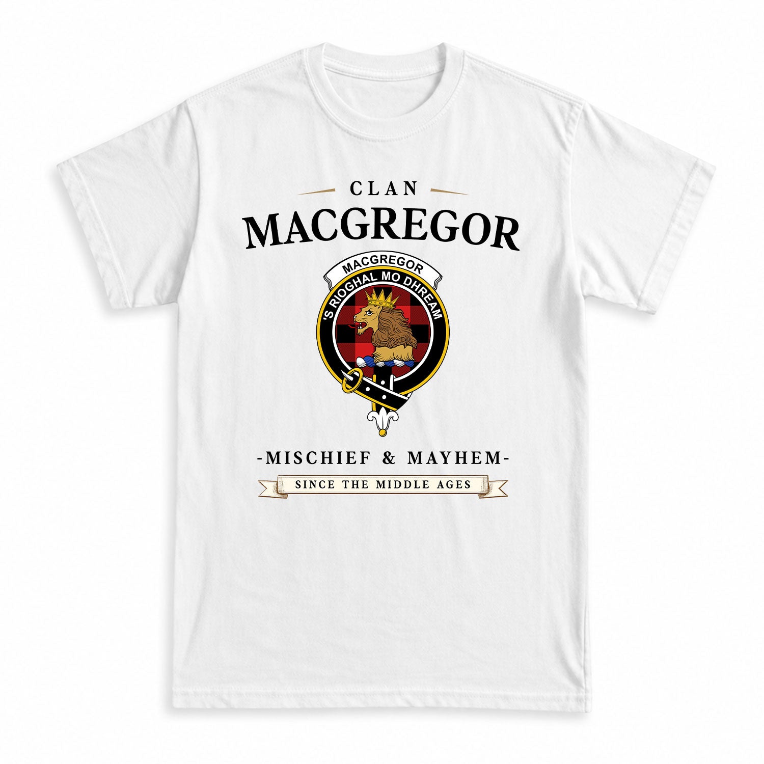 MacGregor Rob Roy Modern Tartan Crest Mischief and Mayhem T-shirt