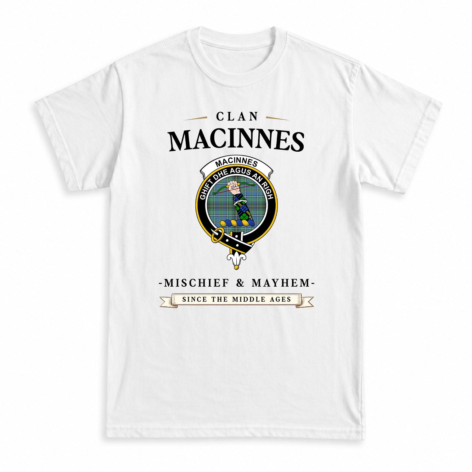 MacInnes Ancient Tartan Crest Mischief and Mayhem T-shirt