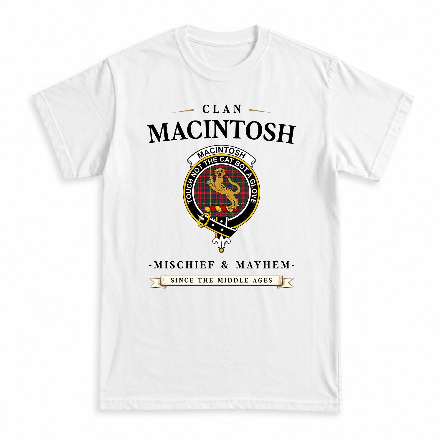 MacIntosh Hunting Modern Tartan Crest Mischief and Mayhem T-shirt