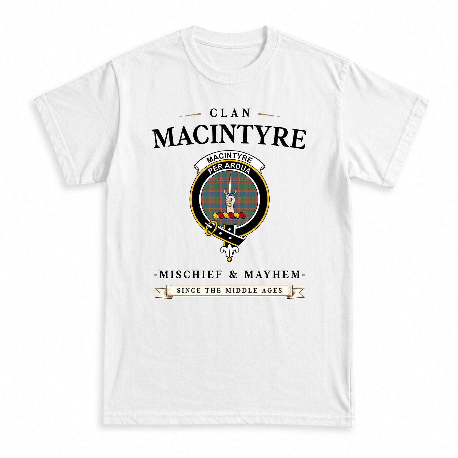MacIntyre Ancient Tartan Crest Mischief and Mayhem T-shirt