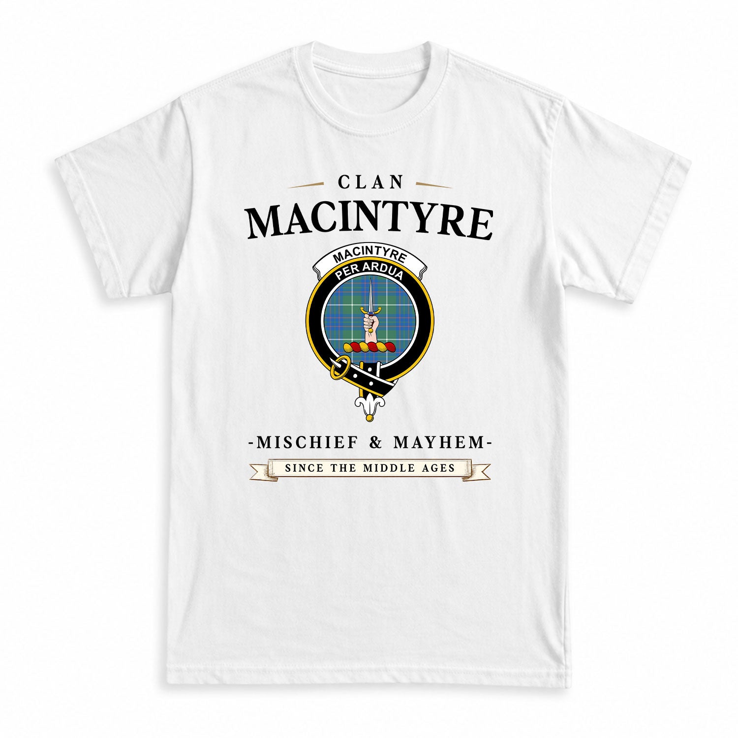 MacIntyre Hunting Ancient Tartan Crest Mischief and Mayhem T-shirt