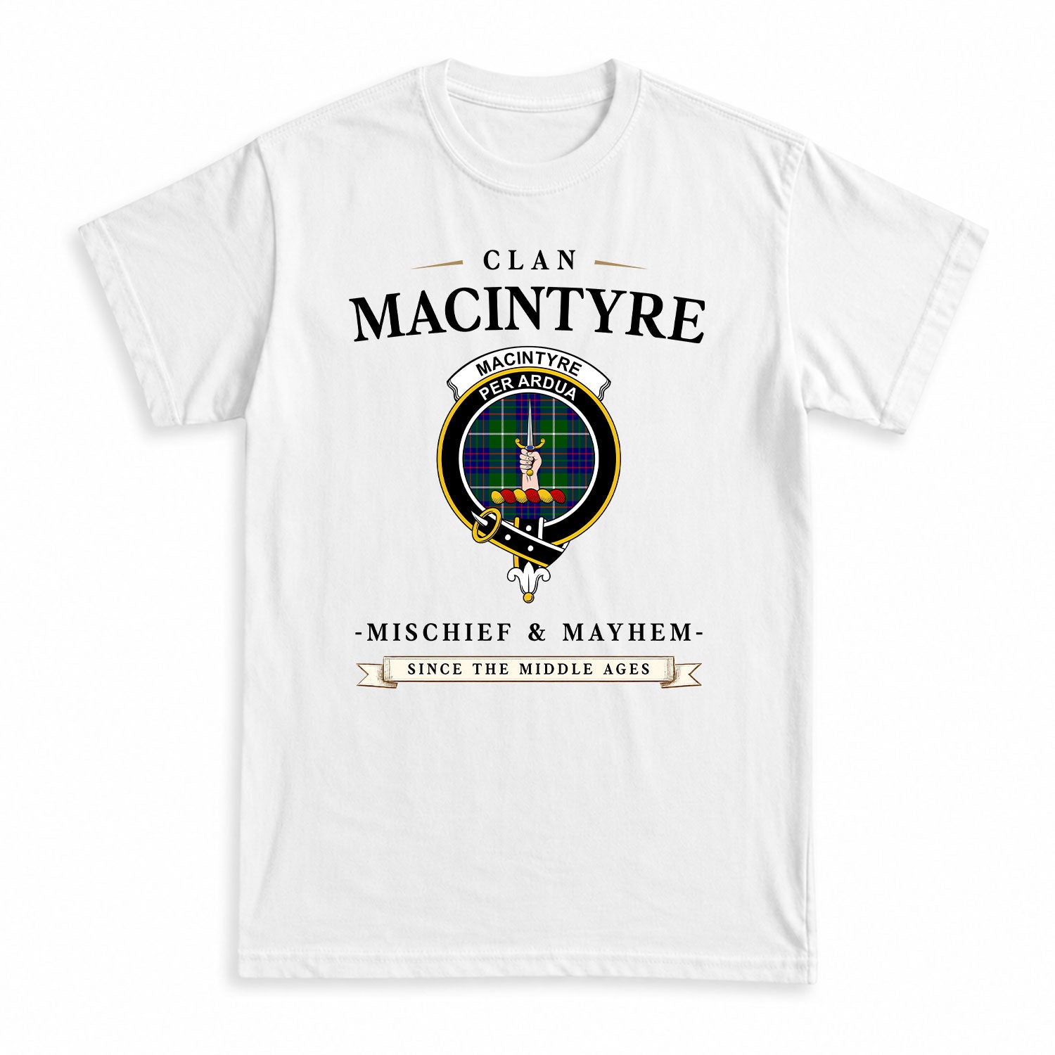 MacIntyre Hunting Modern Tartan Crest Mischief and Mayhem T-shirt