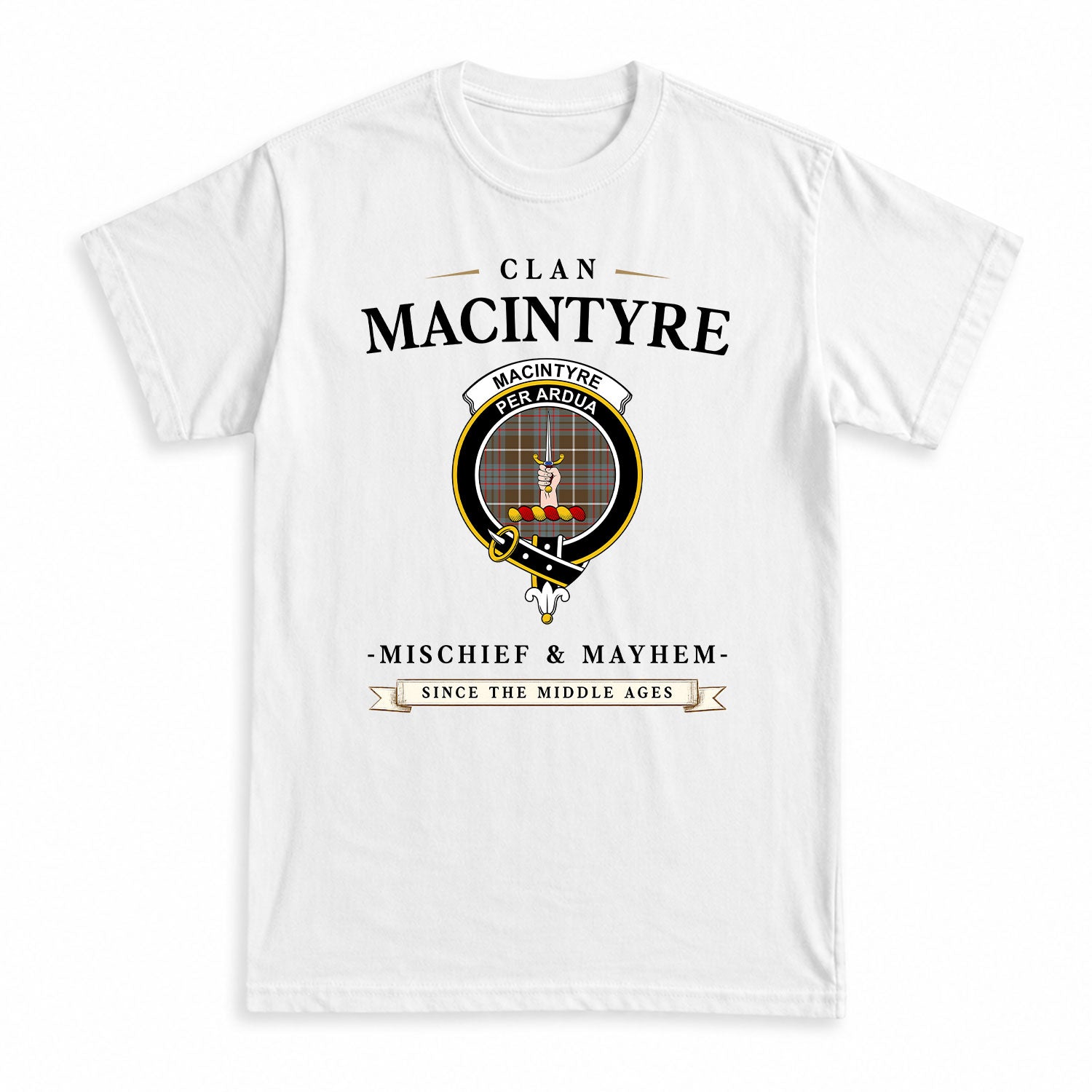 MacIntyre Hunting Weathered Tartan Crest Mischief and Mayhem T-shirt
