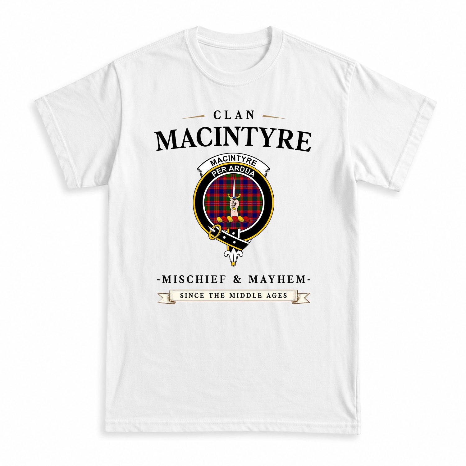 MacIntyre Modern Tartan Crest Mischief and Mayhem T-shirt