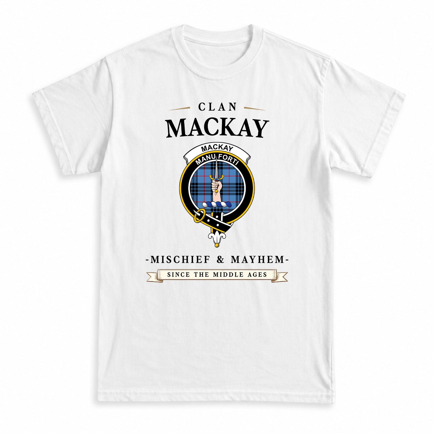 MacKay Blue Tartan Crest Mischief and Mayhem T-shirt