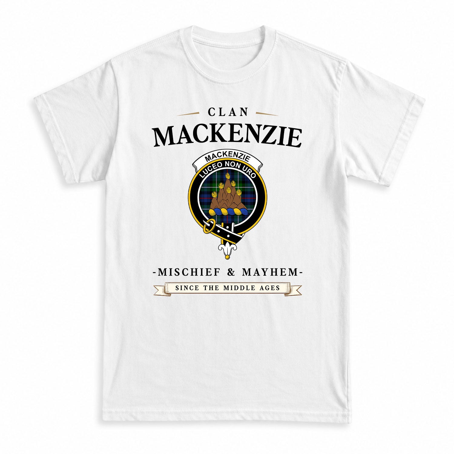 MacKenzie Modern Tartan Crest Mischief and Mayhem T-shirt