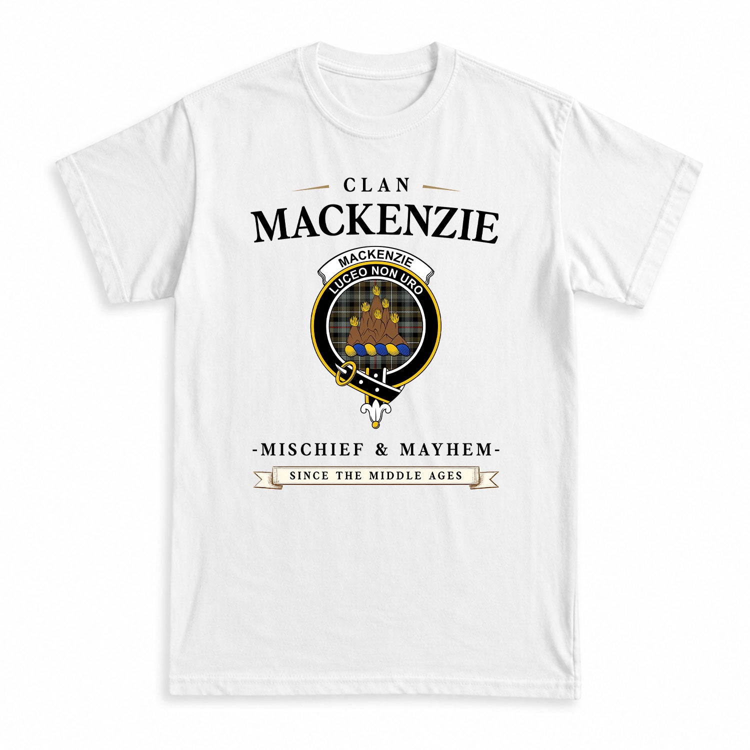 MacKenzie Weathered Tartan Crest Mischief and Mayhem T-shirt