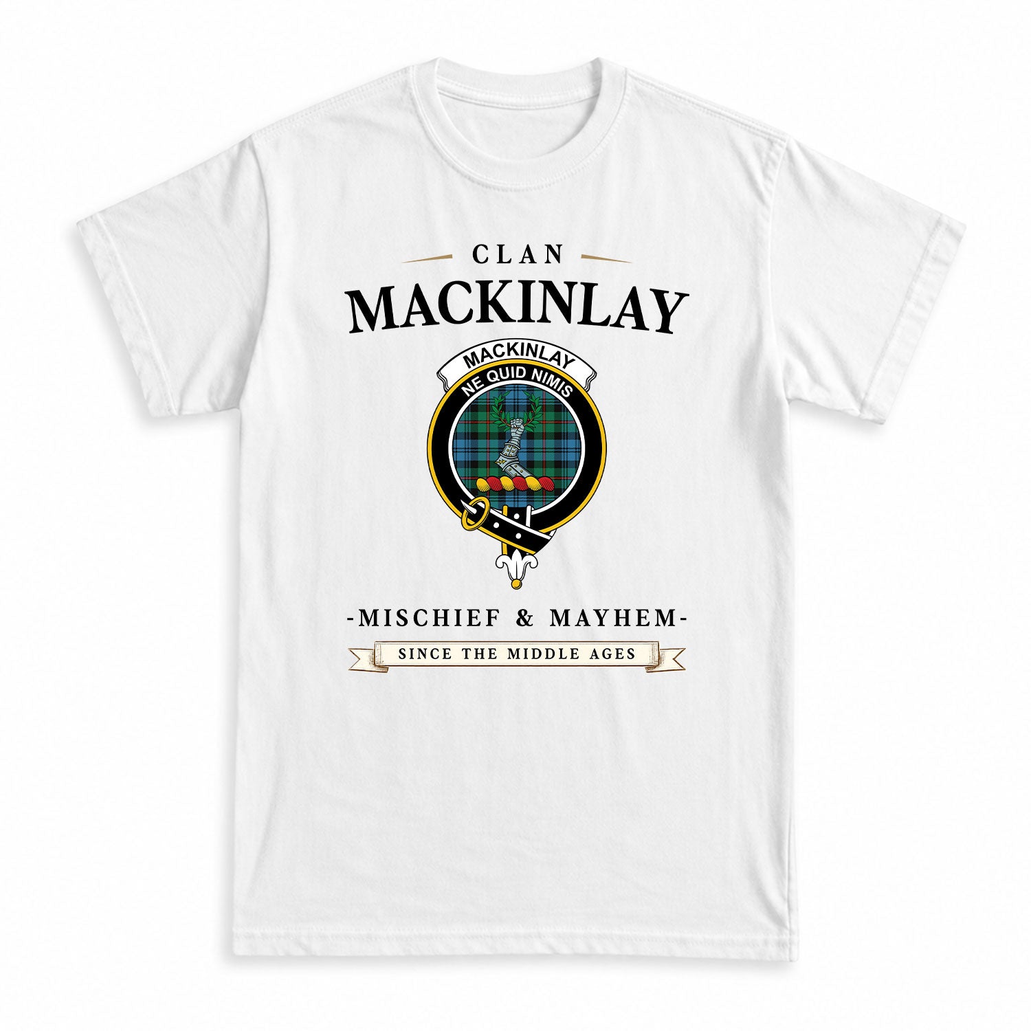 MacKinlay Ancient Tartan Crest Mischief and Mayhem T-shirt