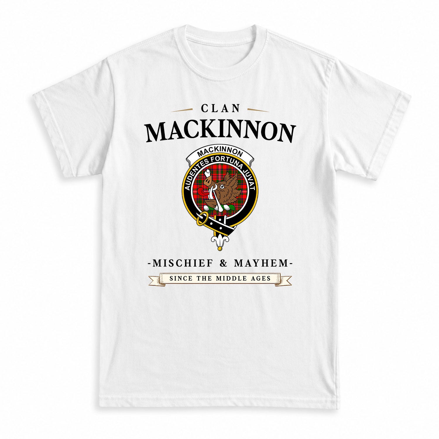 MacKinnon Modern Tartan Crest Mischief and Mayhem T-shirt