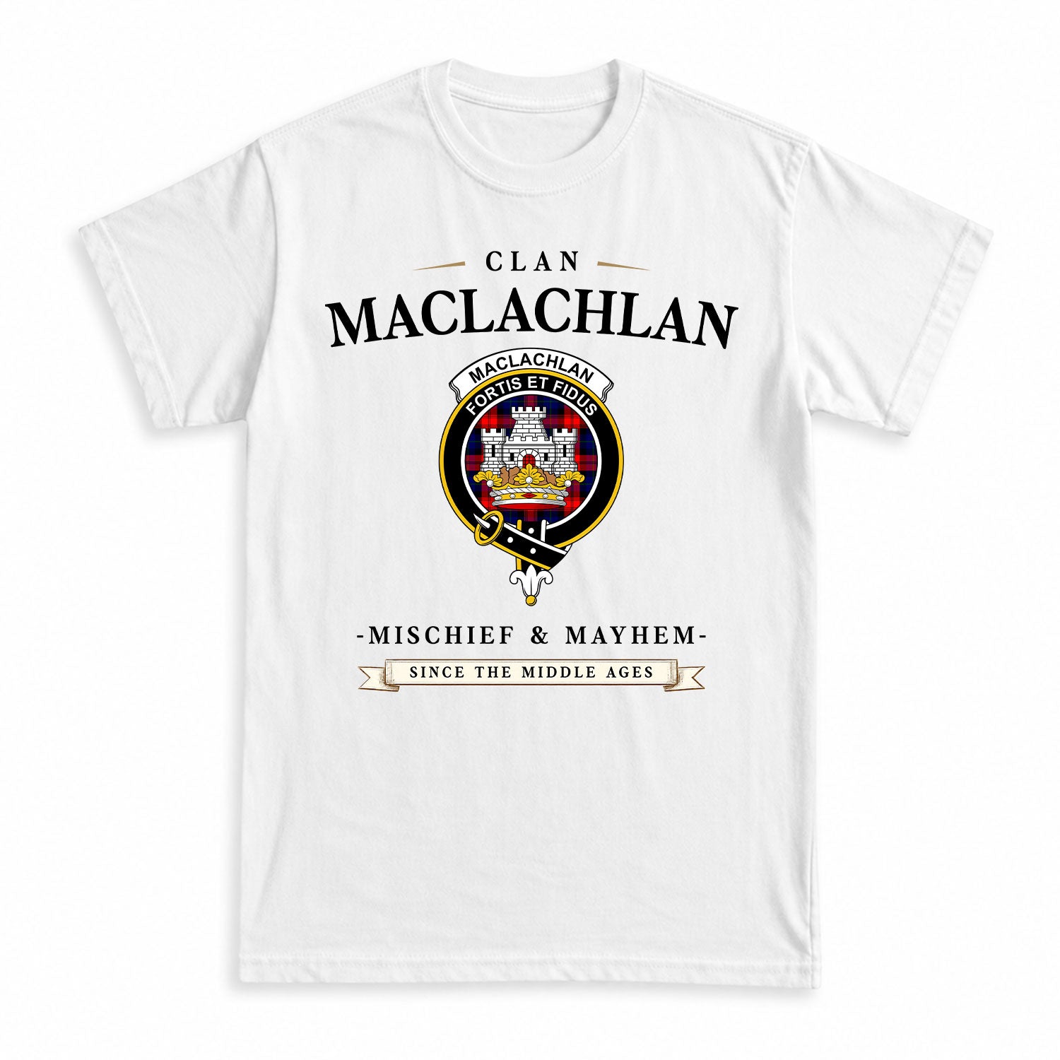 MacLachlan Modern Tartan Crest Mischief and Mayhem T-shirt