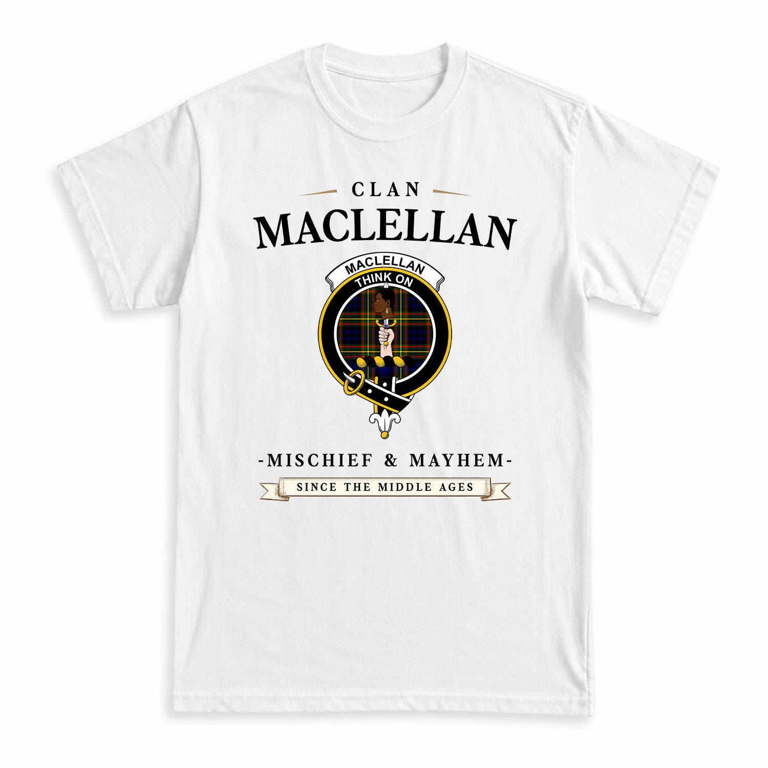 MacLellan Modern Tartan Crest Mischief and Mayhem T-shirt
