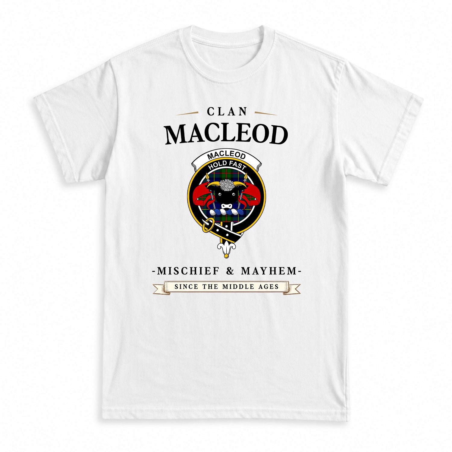 MacLeod of Harris Modern Tartan Crest Mischief and Mayhem T-shirt