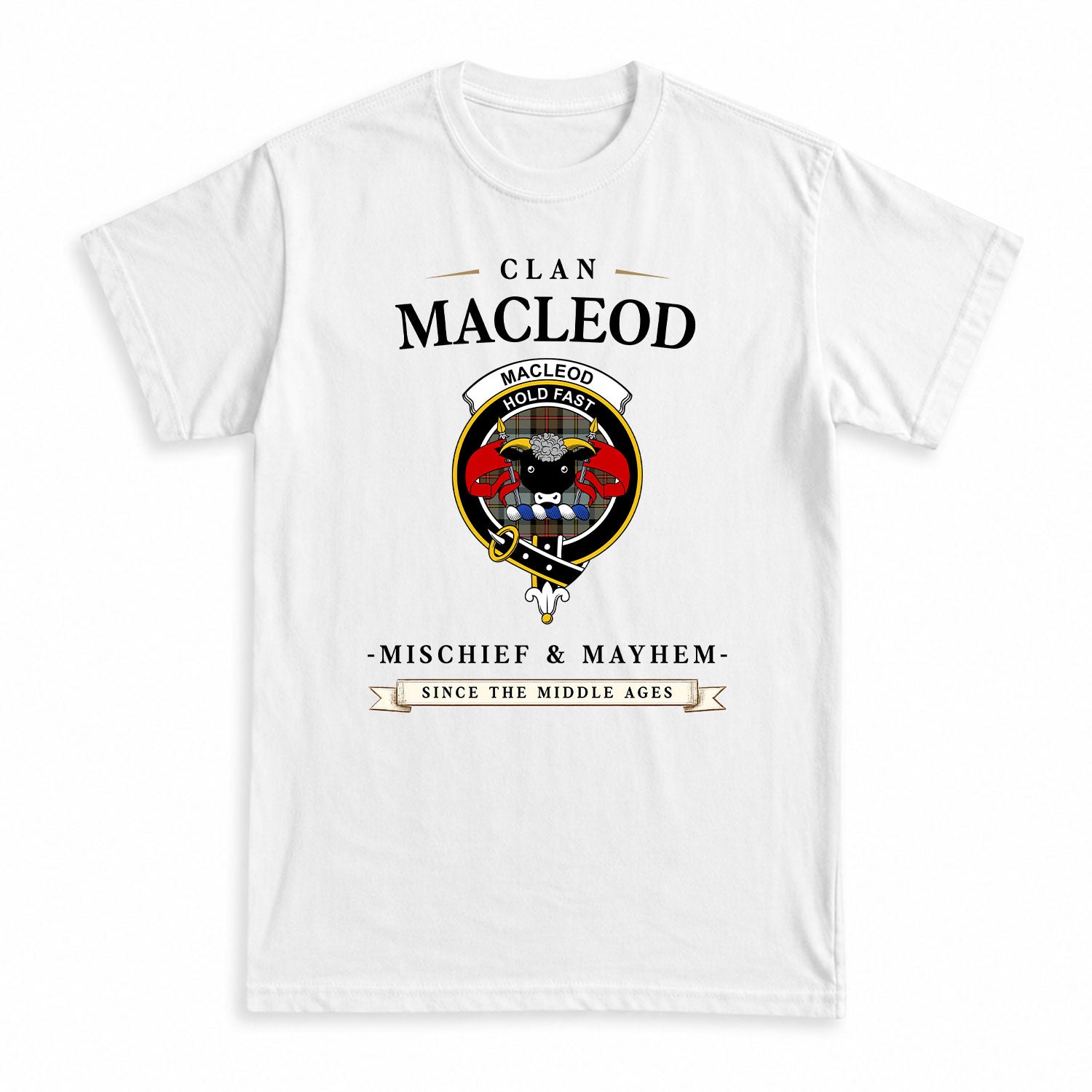 MacLeod of Harris Weathered Tartan Crest Mischief and Mayhem T-shirt